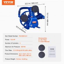 VEVOR Testa Pompa Compressore d'Aria 10HP 17,5 CFM a 90 PSI 3 Cilindri 185 PSI