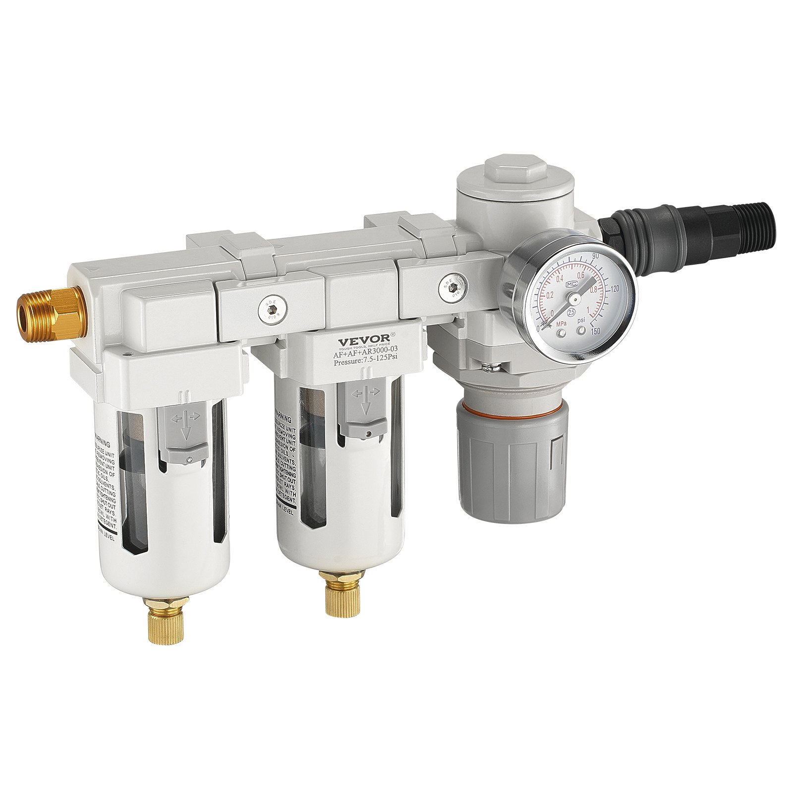 VEVOR Filtro Regolatore per Compressore d'Aria, Separatore d'Acqua Compressore d'Aria 9,5 mm NPT 5μm, Sistema di Asciugatura dell'Aria con Scarico Filtrante in Ottone, Regolatore Pressione 7,5-125PSI