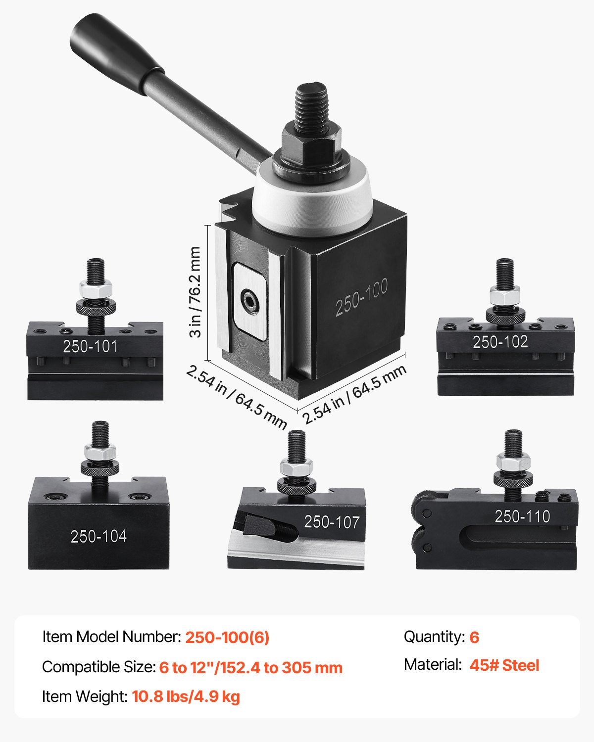 VEVOR Quick Change Tool Holder Set, 6-piece, Tool Holder, suitable for mini lathes and metal lathes with a swing diameter of 152.4-305mm, durable steel material