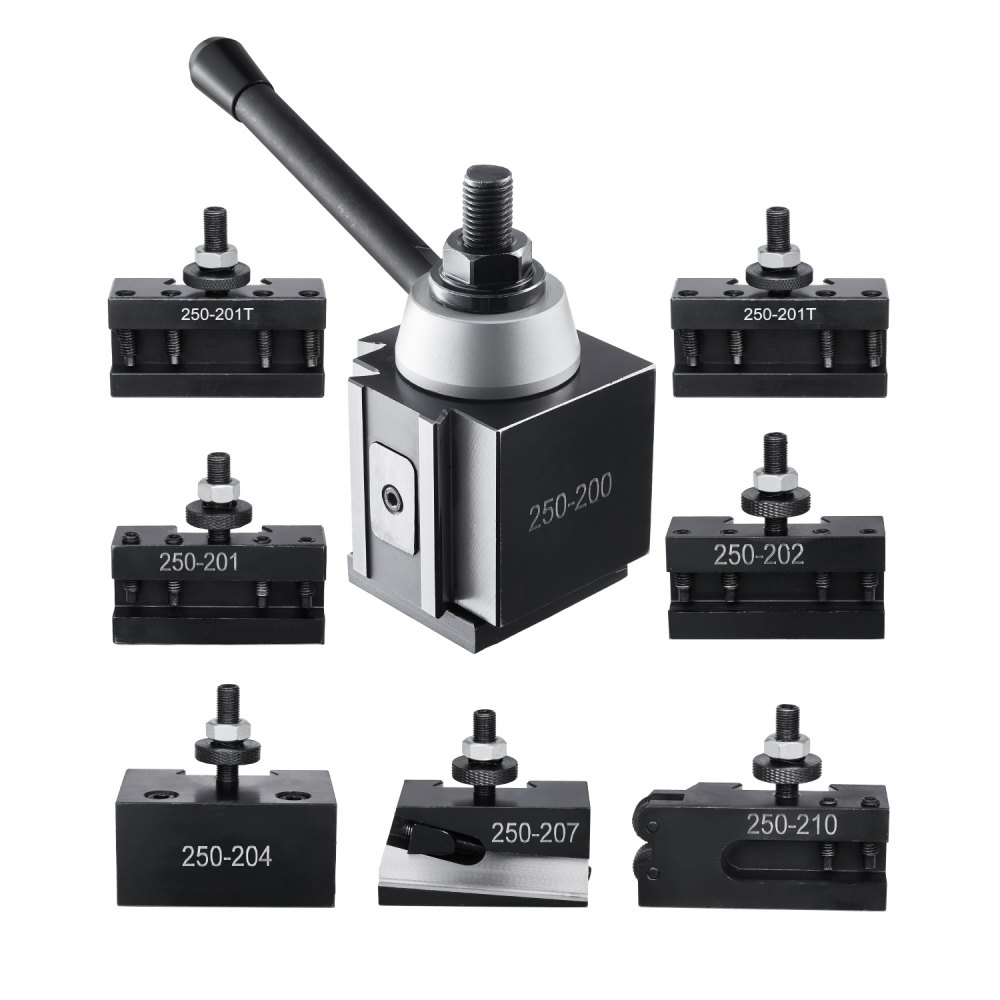 VEVOR Set di Portautensili a Cambio in Acciaio Resistente, 8 Pezzi, Set di Attrezzi a Cambio Rapido, Portautensili a Cuneo per Tornitura, per Mini Torni per Metallo, Oscillazione 254-381 mm