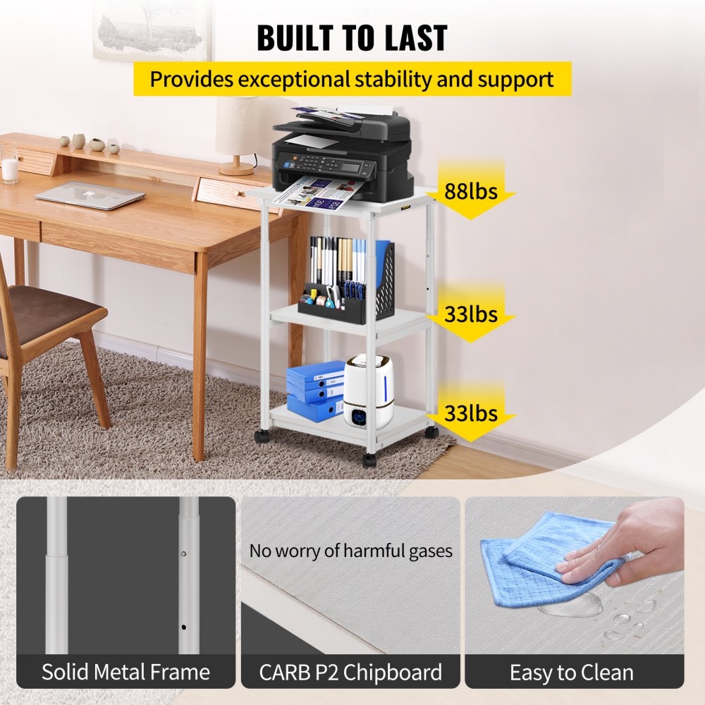 VEVOR Supporto per Stampante in Acciaio e Truciolare 40+15+15 kg, Mobiletto Bianco a 3 Ripiani con 4 Ruote, Carrello Mutifunzionale Mobile da 48 x 39 x 77 cm da Ufficio Soggiorno Cucina Biblioteca