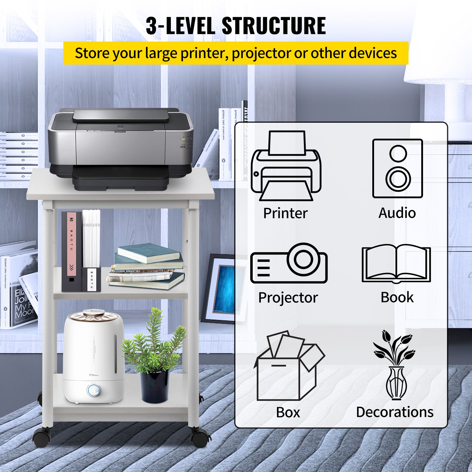 VEVOR Supporto per Stampante in Acciaio e Truciolare 40+15+15 kg, Mobiletto Bianco a 3 Ripiani con 4 Ruote, Carrello Mutifunzionale Mobile da 48 x 39 x 77 cm da Ufficio Soggiorno Cucina Biblioteca