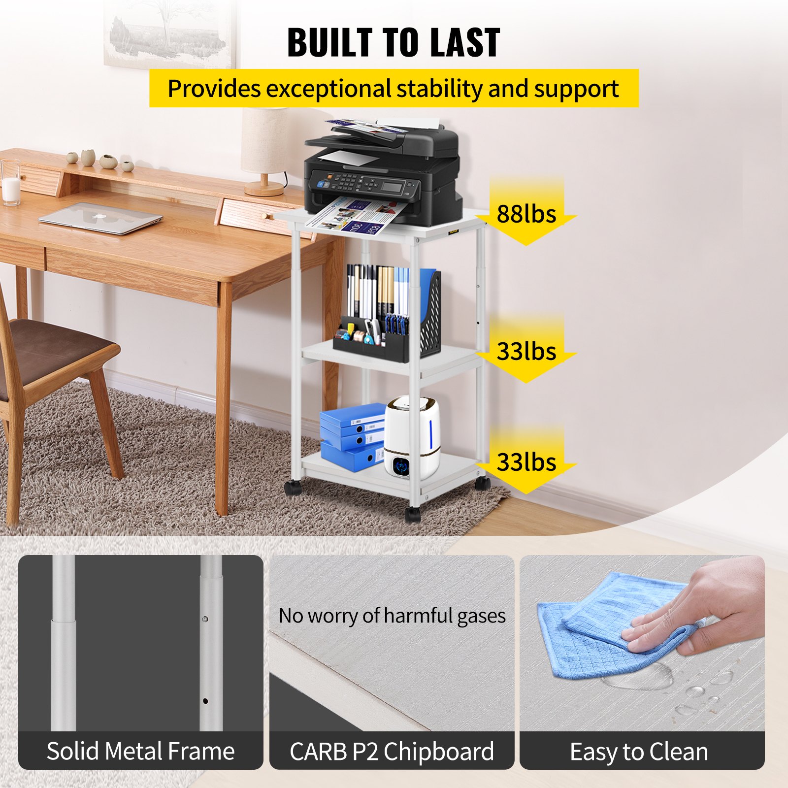 VEVOR Supporto per Stampante in Acciaio e Truciolare 40+15+15 kg, Mobiletto Bianco a 3 Ripiani con 4 Ruote, Carrello Mutifunzionale Mobile da 48 x 39 x 77 cm da Ufficio Soggiorno Cucina Biblioteca