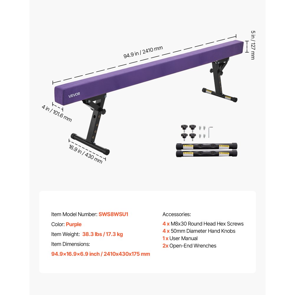 VEVOR Trave di Equilibrio per Ginnastica per Bambini, Altezza Regolabile 241 cm 5 Livelli, Capacità di Carico 158,7 kg, Trave Ginnastica Artistica di Equilibrio per Casa Palestra, Viola