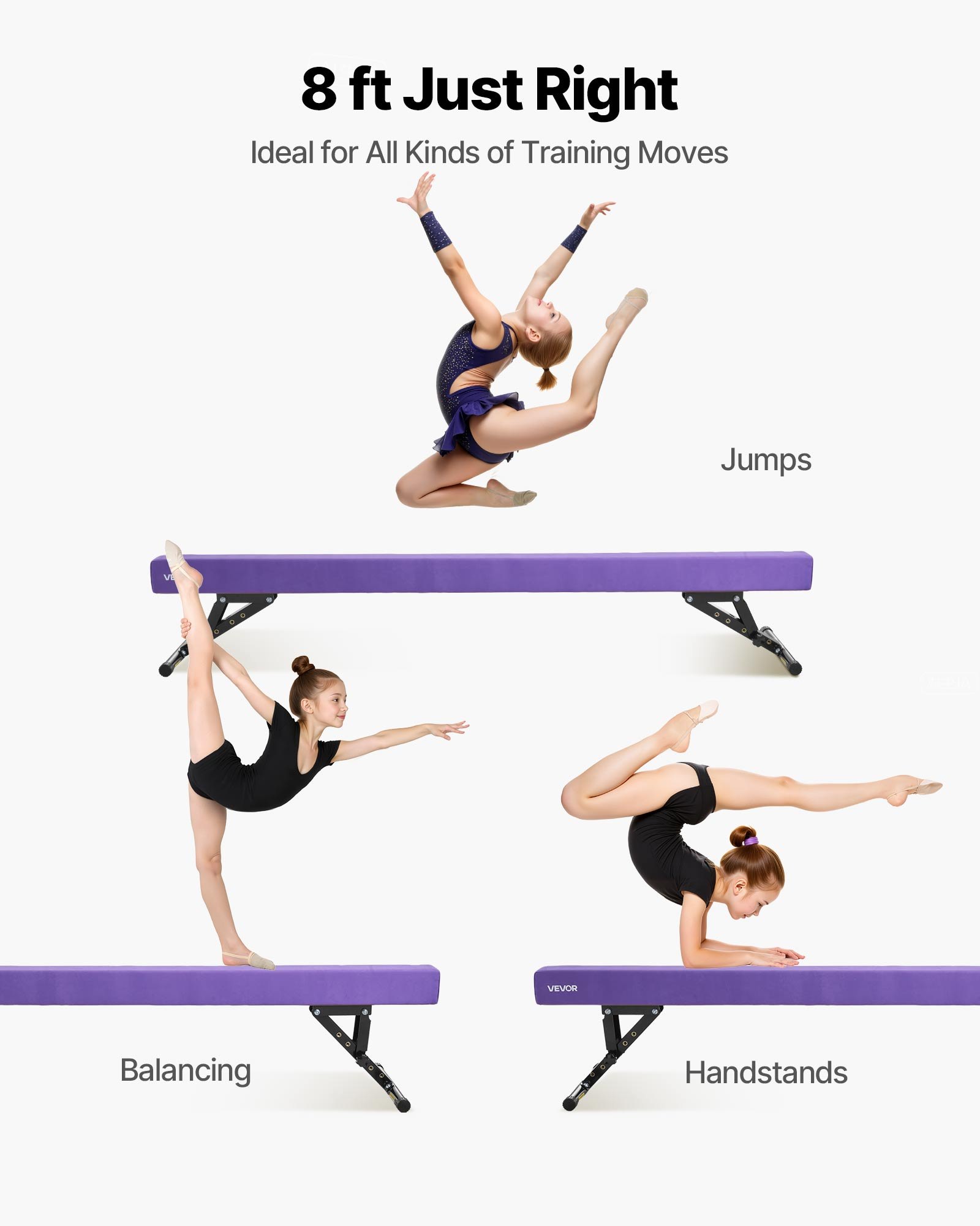 VEVOR Trave di Equilibrio per Ginnastica per Bambini, Altezza Regolabile 241 cm 5 Livelli, Capacità di Carico 158,7 kg, Trave Ginnastica Artistica di Equilibrio per Casa Palestra, Viola