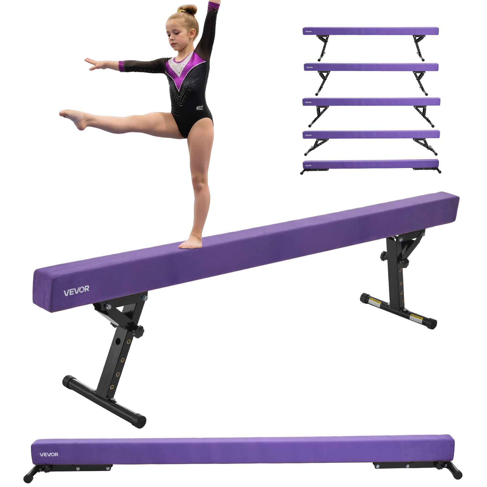 VEVOR Trave di Equilibrio per Ginnastica per Bambini, Altezza Regolabile 241 cm 5 Livelli, Capacità di Carico 158,7 kg, Trave Ginnastica Artistica di Equilibrio per Casa Palestra, Viola