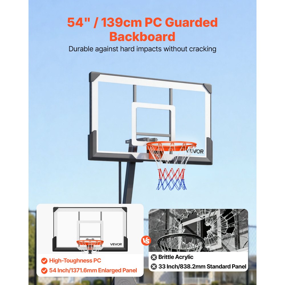 VEVOR Canestro da Basket da Esterno con Piedistallo, Altezza Regolabile da 2,3 a 3,05 m con Tabellone in PC da 139 cm, Set di Tabelloni per Sistema di Canestro da Basket per Cortili, Scuole e Parco