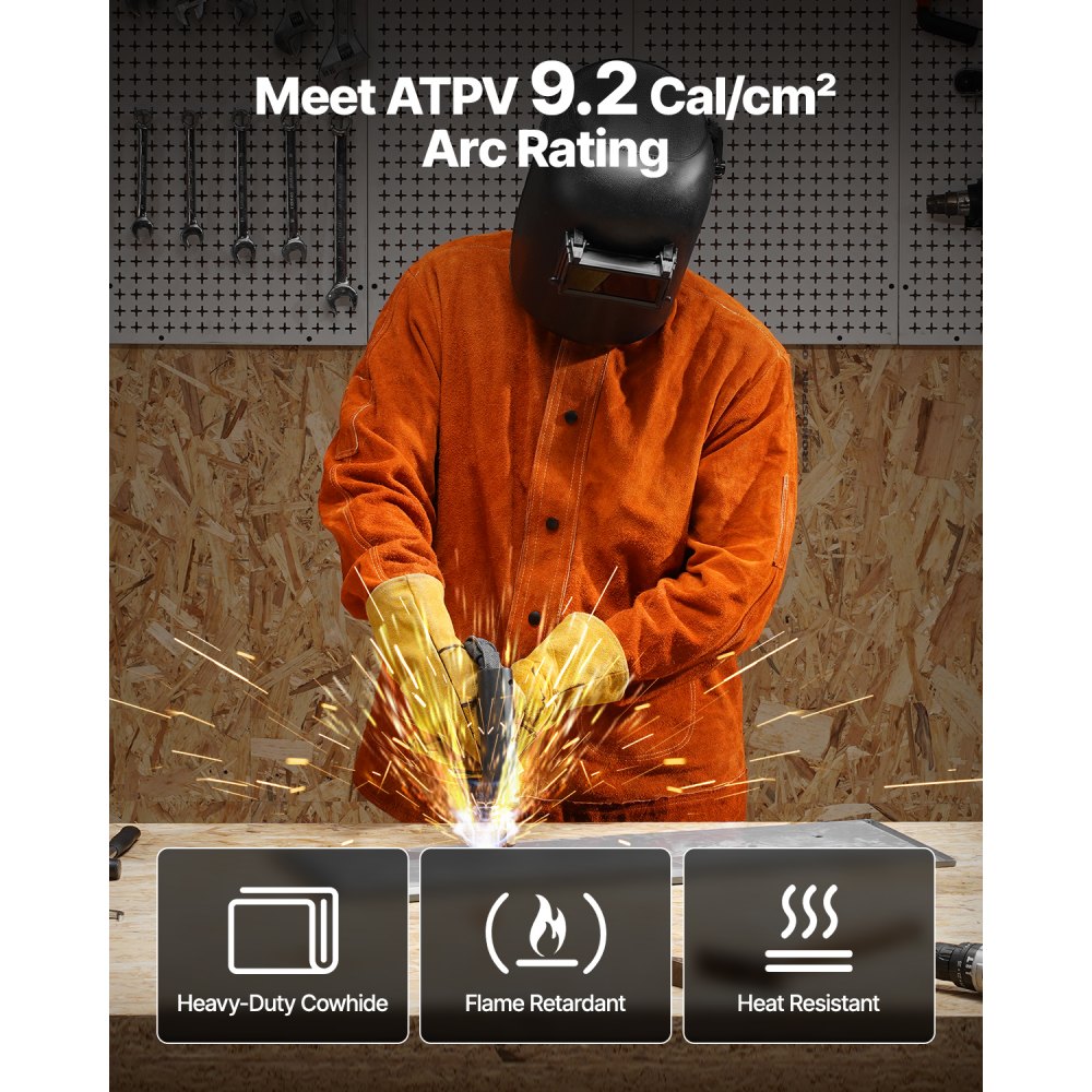 VEVOR Giacca da Saldatore Ignifuga, Taglia XL, Giacca di Sicurezza Impermeabile e Resistente al Calore in Pelle Bovina Resistente con Bottoni automatici, 4 Tasche e Polsini Regolabili per Acciaierie