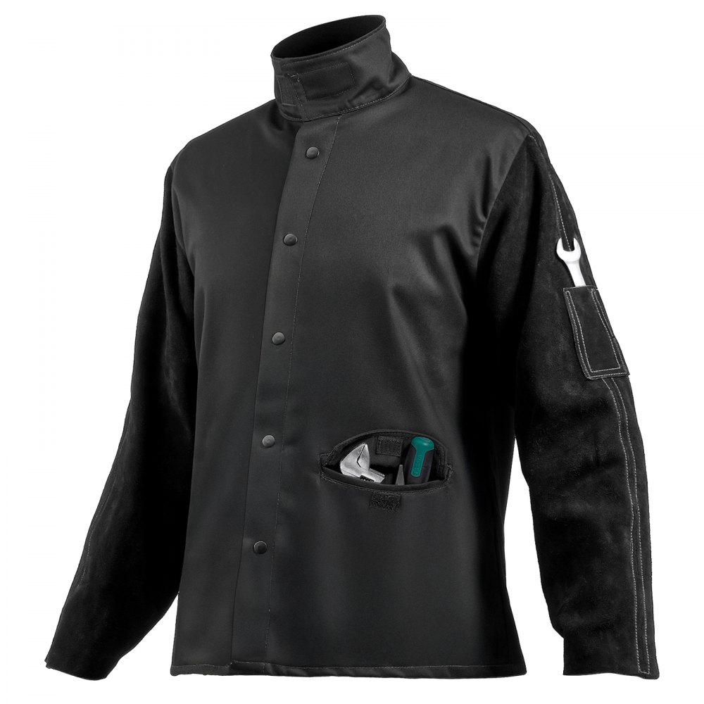 VEVOR Giacca da Saldatura Ignifuga, Taglia M, Giacca di Sicurezza per Saldatura Resistente al Calore, Bottoni Automatici e Tasche, Manica in Pelle di Vacchetta Crosta Resistente, Corpo in Cotone FR