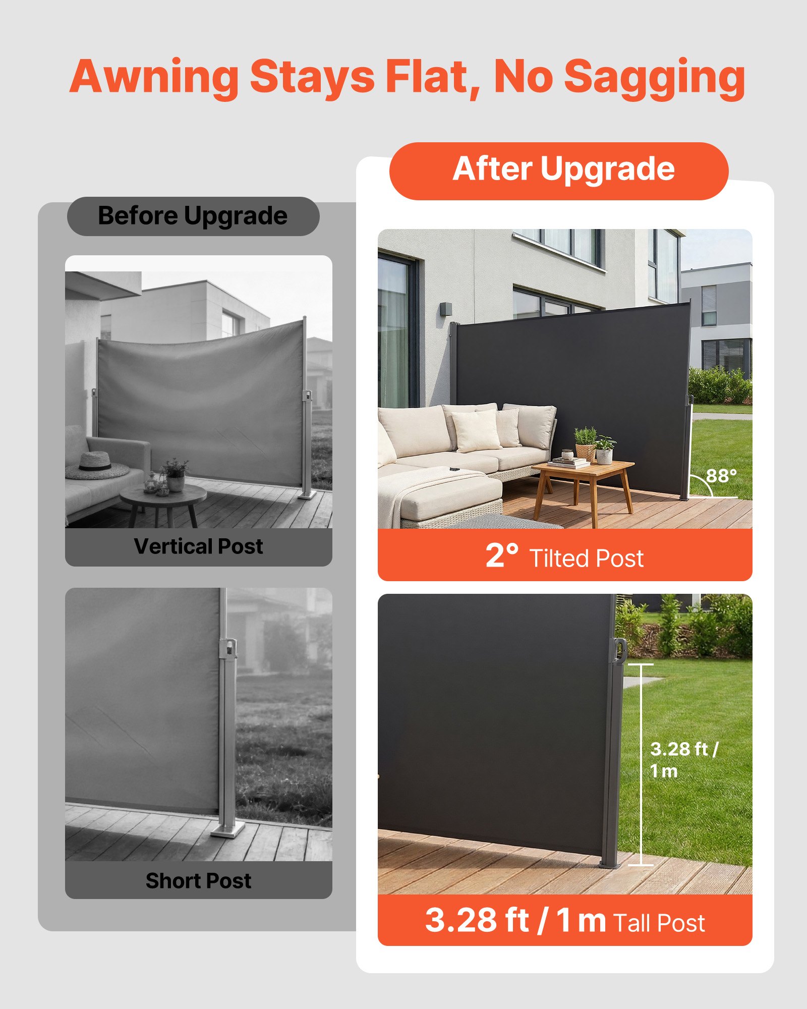 VEVOR Tenda Laterale Retrattile 180 x 300 cm Parasole, Divisorio Paravento per Terrazza con Tessuto in Poliestere, Impermeabile Frangivista Grigio, da Esterno per Giardino Balcone Piscina Terrazzo