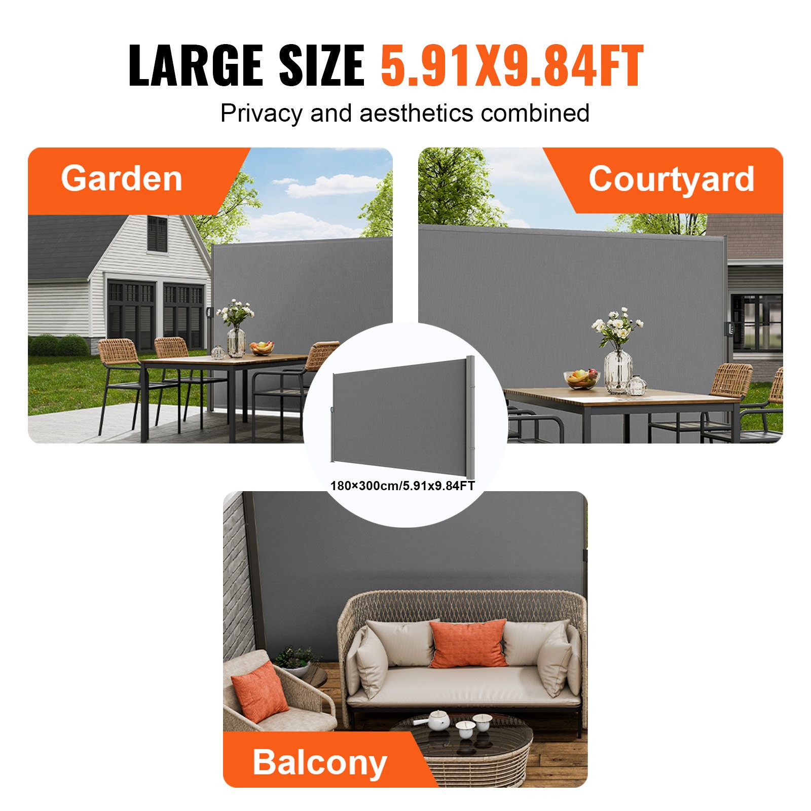 VEVOR Tenda Laterale Retrattile, Schermo Privacy Esterno Giardino Balcone Terrazza 180x300 cm, Frangivista Retrattile Poliestere 180g Impermeabile, UV30+ Paravento Divisorio per Cortile Balcone Grigio