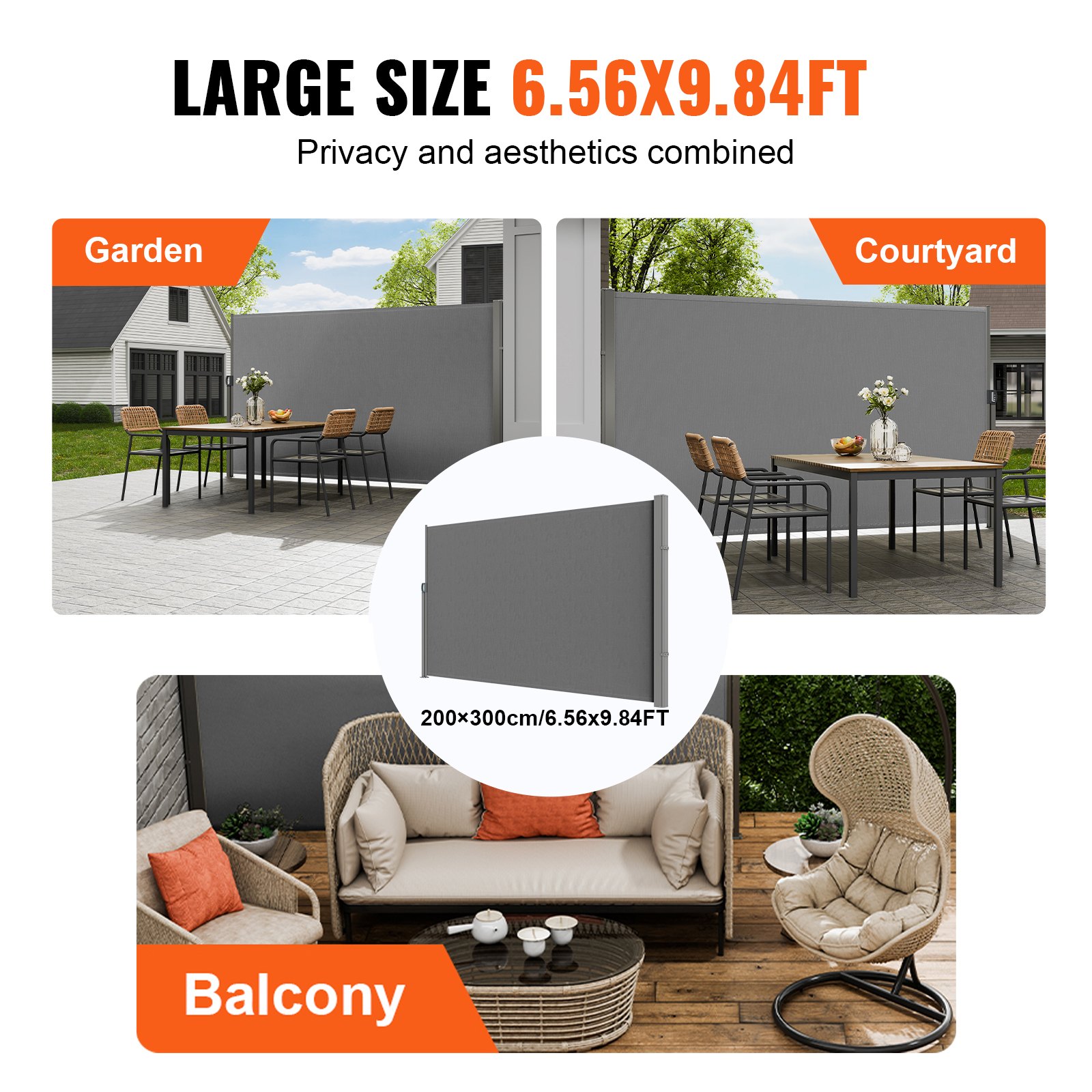 VEVOR Side Awning 200 x 300 cm Side wall awning made of 180 g/m² polyester fabric with PU coating Awning with retractable handle and spring mechanism Privacy screen for balconies and courtyards Gray