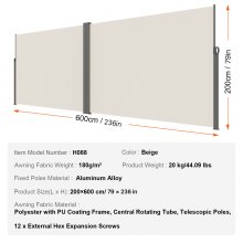 VEVOR Tenda Laterale Retrattile, Schermo Privacy Esterno Giardino Balcone Terrazza 200x600 cm, Frangivista Retrattile Poliestere 180g Impermeabile, UV30+ Paravento Divisorio per Cortile Balcone Beige