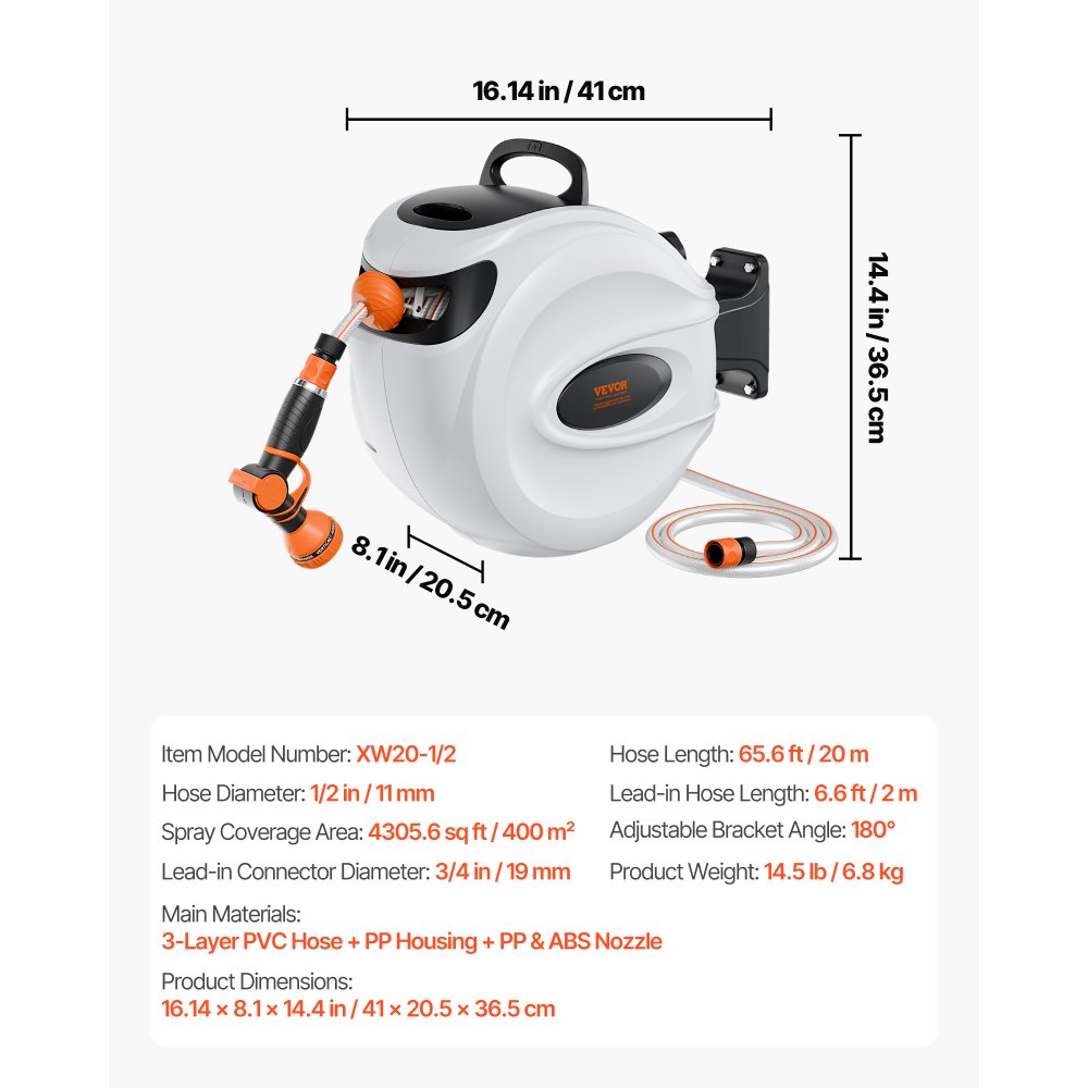 VEVOR Avvolgitubo Automatico Retrattile 20m, Diametro Tubo 12mm, Lunghezza Bloccabile, Fissaggio a Parete Girevole 180°, per Irrigazione Giardino Orto e Pulizia Domestica