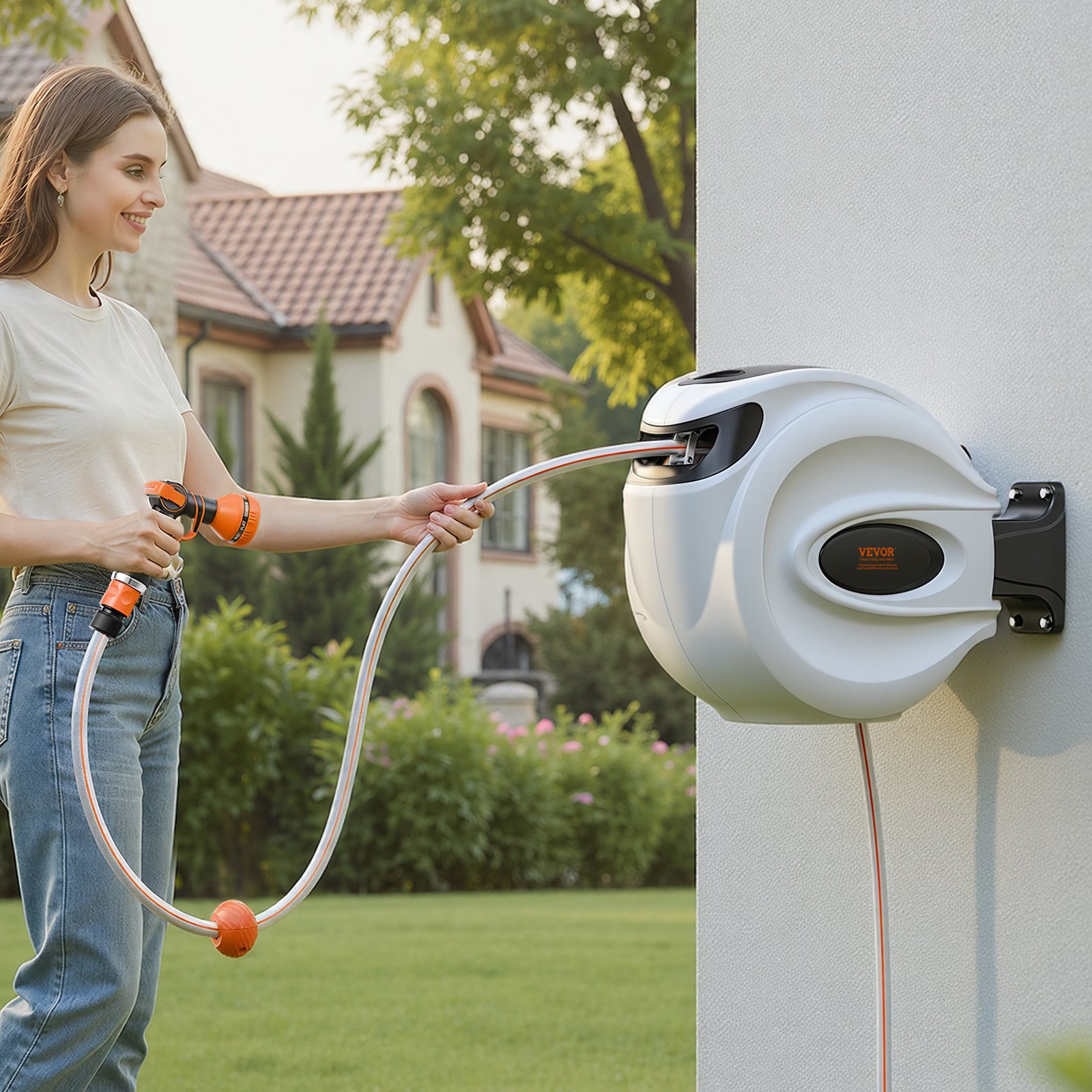 VEVOR Avvolgitubo Automatico Retrattile 20m, Diametro Tubo 12mm, Lunghezza Bloccabile, Fissaggio a Parete Girevole 180°, per Irrigazione Giardino Orto e Pulizia Domestica