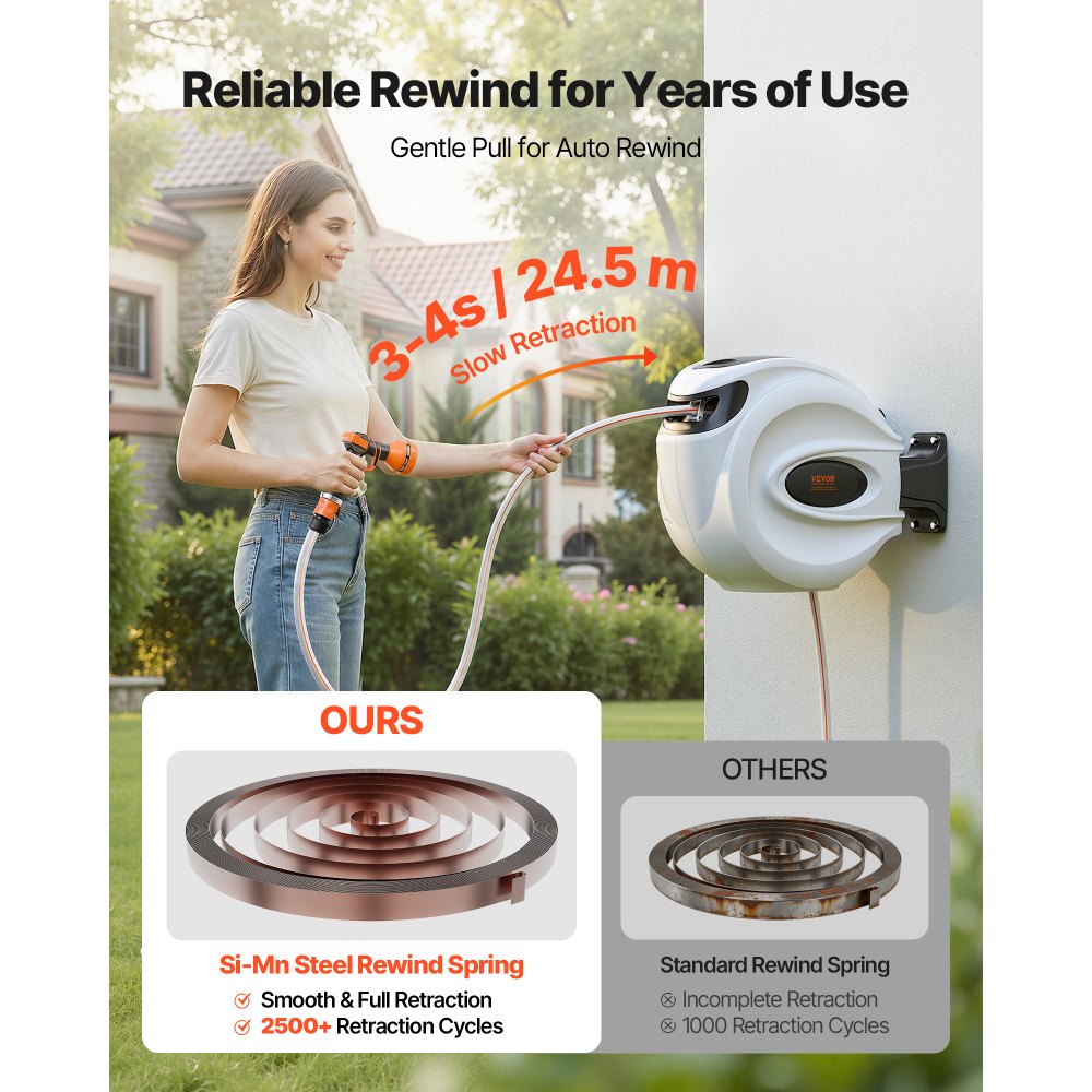 VEVOR Avvolgitubo Automatico Retrattile 25m, Diametro Tubo 12mm, Rullo per Irrigazione da Giardino, Fissaggio a Parete Girevole 180°, per Orto e Pulizia Domestica, Classe di Efficienza Energetica A