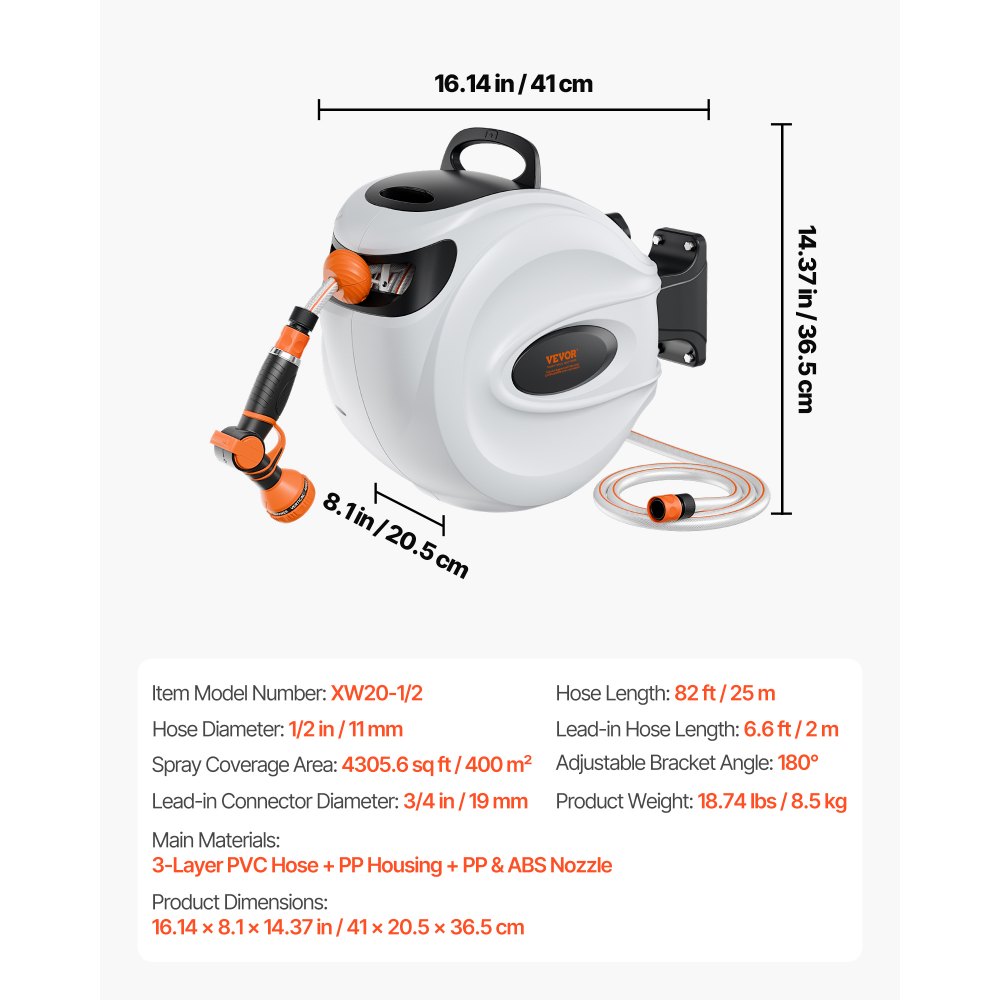 VEVOR Avvolgitubo Automatico Retrattile 25m, Diametro Tubo 12mm, Rullo per Irrigazione da Giardino, Fissaggio a Parete Girevole 180°, per Orto e Pulizia Domestica, Classe di Efficienza Energetica A