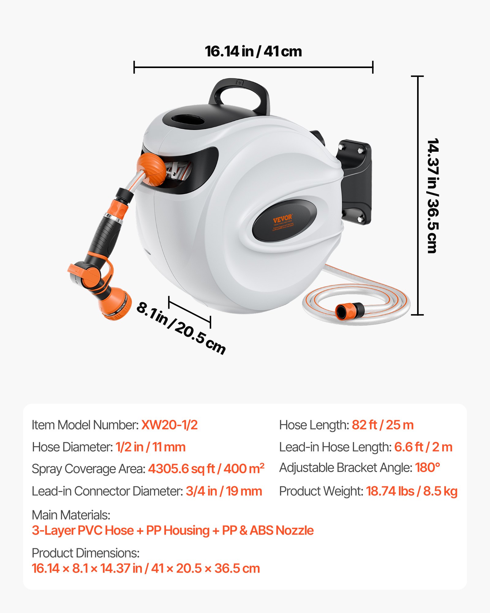 VEVOR Avvolgitubo Automatico Retrattile 25m, Diametro Tubo 12mm, Rullo per Irrigazione da Giardino, Fissaggio a Parete Girevole 180°, per Orto e Pulizia Domestica, Classe di Efficienza Energetica A