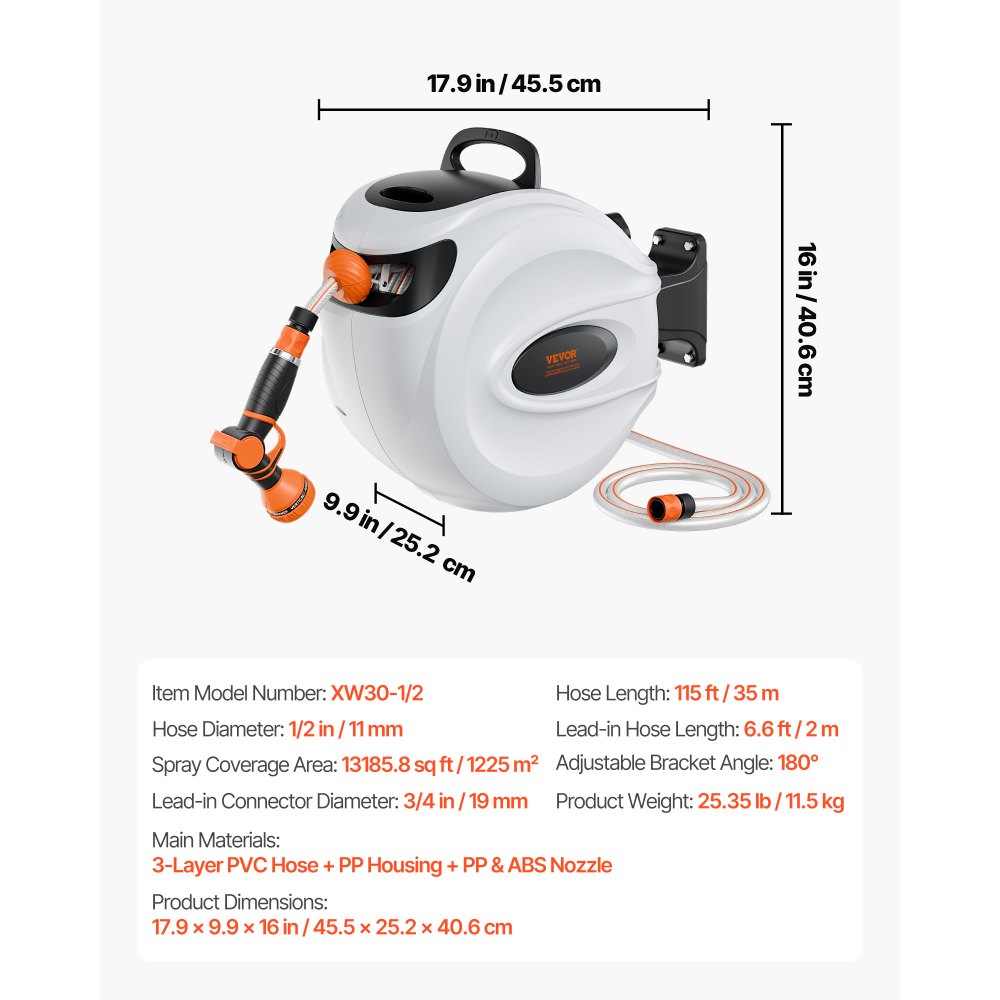 VEVOR Avvolgitubo Automatico Retrattile 35m, Diametro Tubo 12mm, Lunghezza Bloccabile, Fissaggio a Parete Girevole 180°, per Irrigazione Giardino Orto e Pulizia Domestica