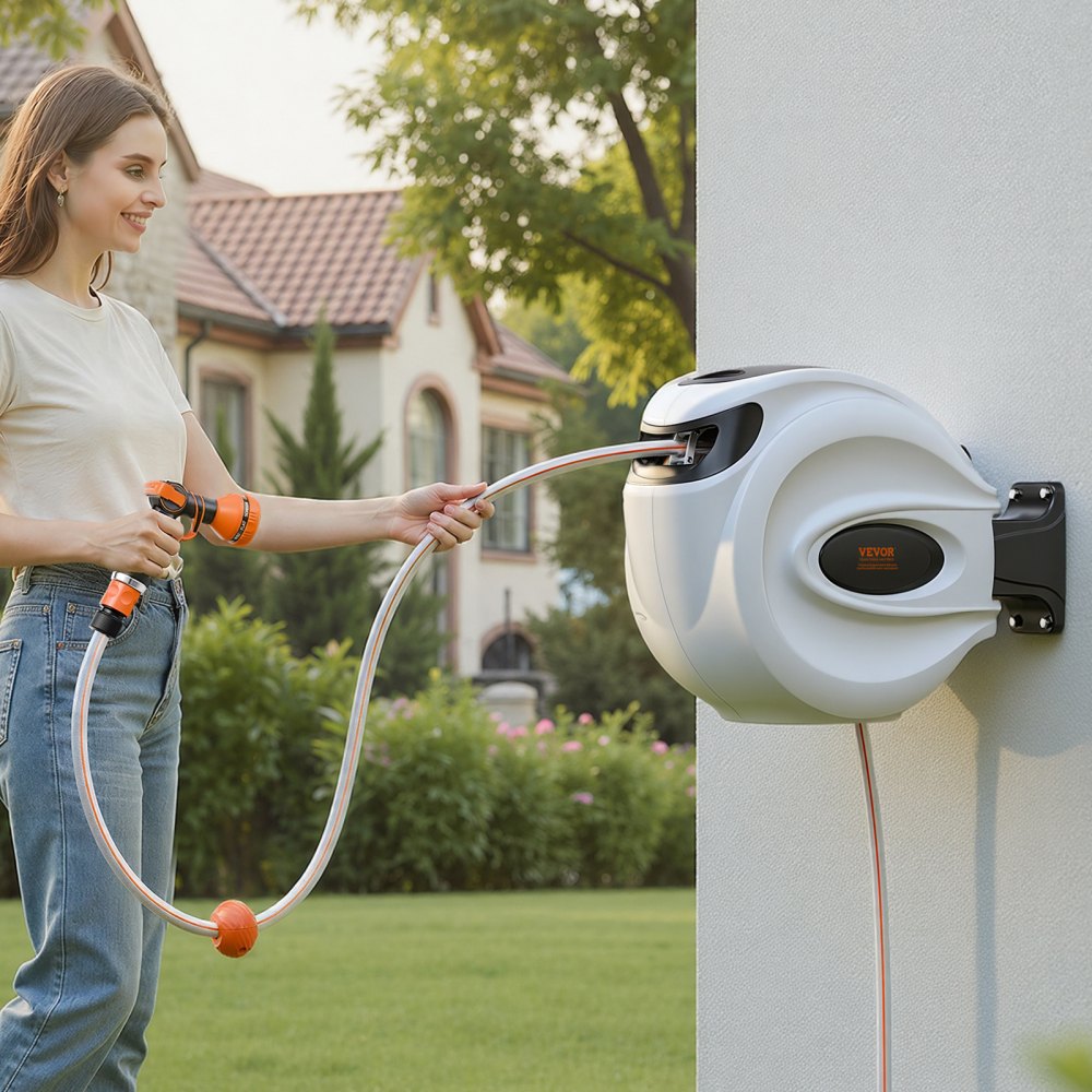 VEVOR Avvolgitubo Automatico Retrattile 35m, Diametro Tubo 12mm, Lunghezza Bloccabile, Fissaggio a Parete Girevole 180°, per Irrigazione Giardino Orto e Pulizia Domestica