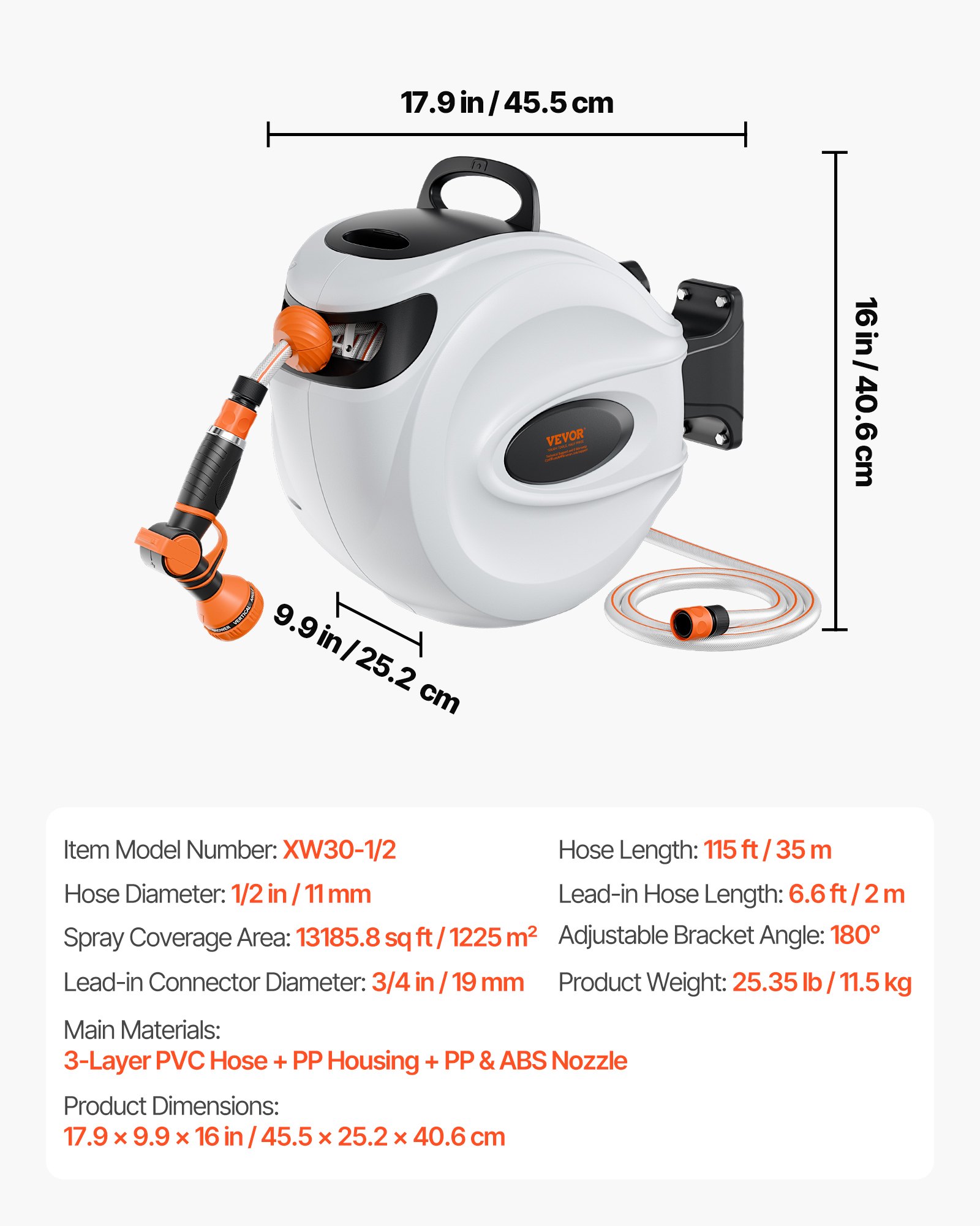 VEVOR Avvolgitubo Automatico Retrattile 35m, Diametro Tubo 12mm, Lunghezza Bloccabile, Fissaggio a Parete Girevole 180°, per Irrigazione Giardino Orto e Pulizia Domestica