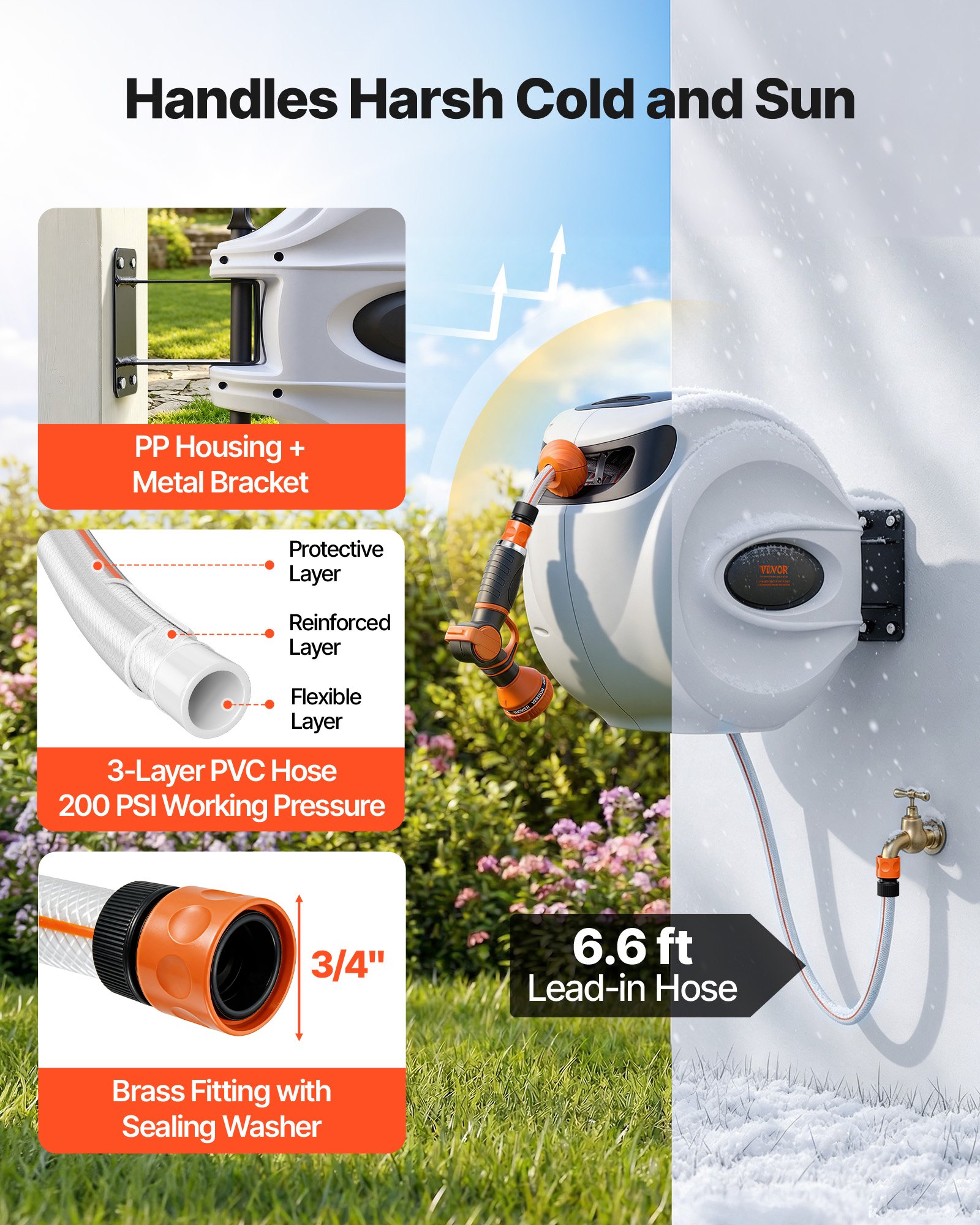 VEVOR Avvolgitubo Retrattile per Tubo da Giardino Avvolgitubo da Giardino Fissaggio da Parete Diametro 12 mm con Ugello a 9 Modelli, Sistema di Ritorno Riavvolgimento Staffa Girevole a 180°