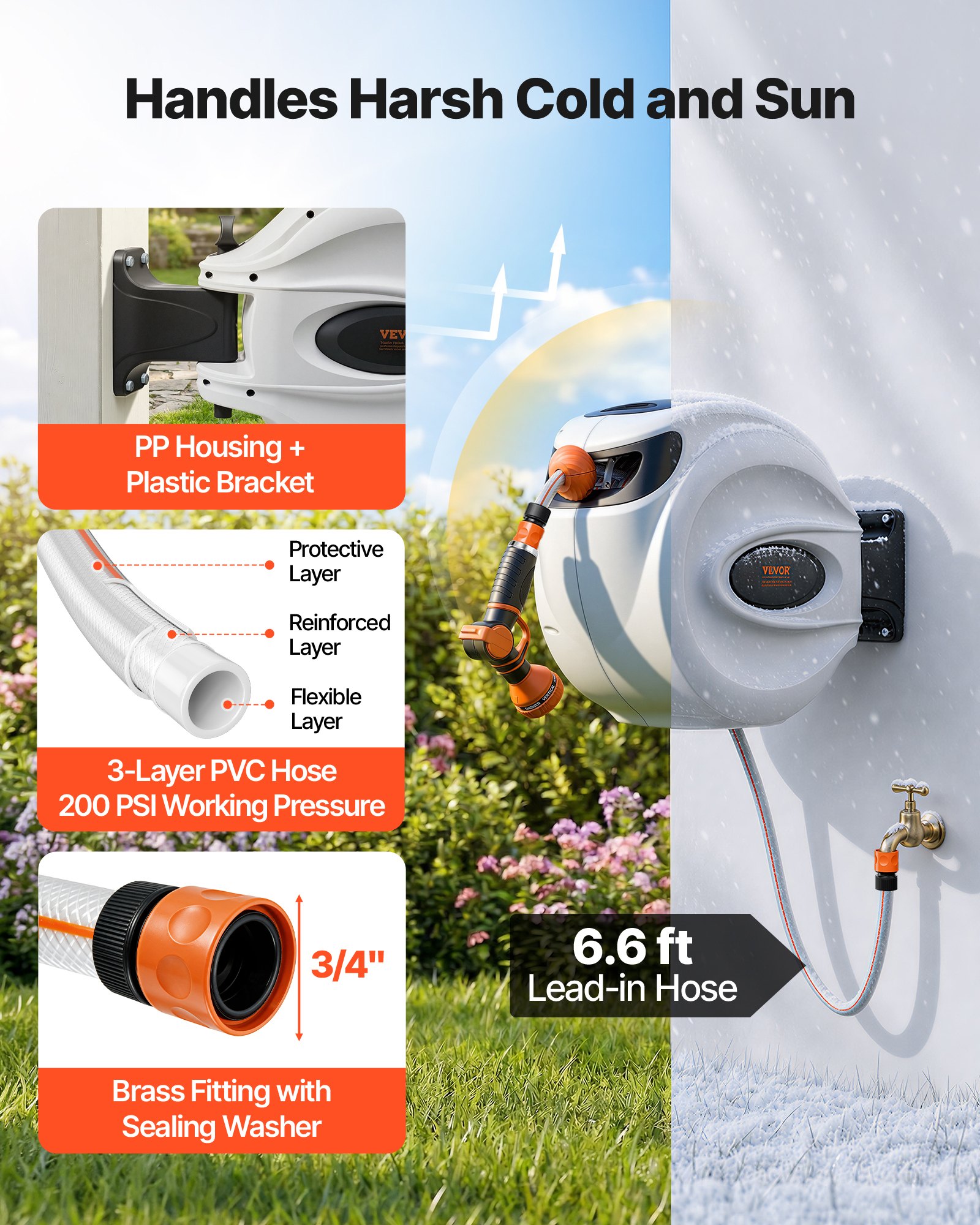 VEVOR Avvolgitubo Retrattile per Tubo da Giardino, 12 mm x 30 m, Avvolgitubo per Tubo da Giardino con Ugello 9 Modelli, Sistema di Ritorno a Riavvolgimento Automatico e Staffa Girevole a 180°