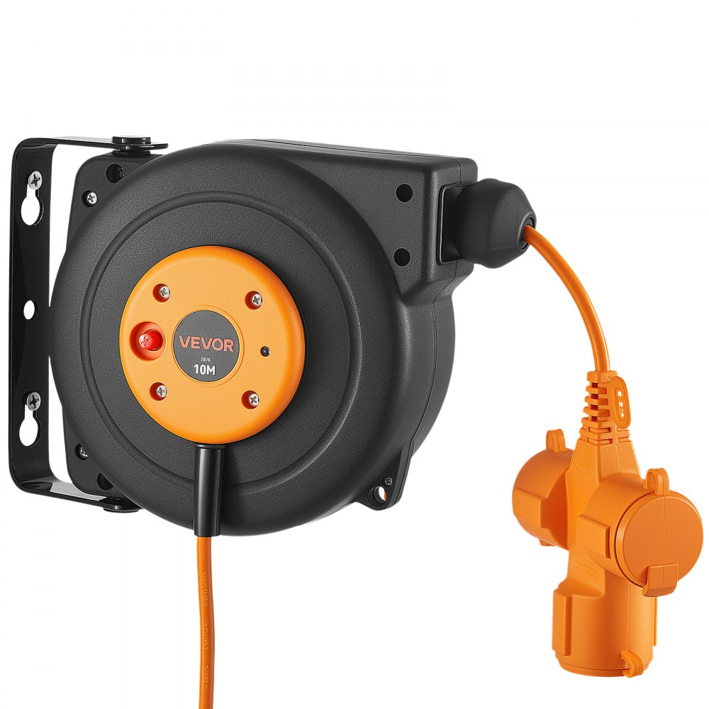 VEVOR Avvolgicavo Elettrico Cavo Retrattile 10 m Bobina da Parete Girevole Autoavvolgente, Protezione contro Surriscaldamento, Staffa Orientabile 180°, Connettore a 3 Spine, Cavo Retrattile 1,5 mm²