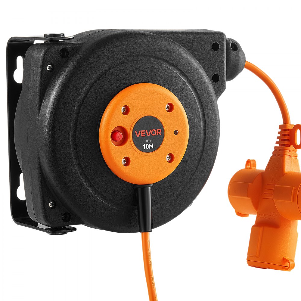 VEVOR Avvolgicavo Elettrico Cavo Retrattile 10 m Bobina da Parete Girevole Autoavvolgente, Protezione contro Surriscaldamento, Staffa Orientabile 180°, Connettore a 3 Spine, Cavo Retrattile 1,5 mm²