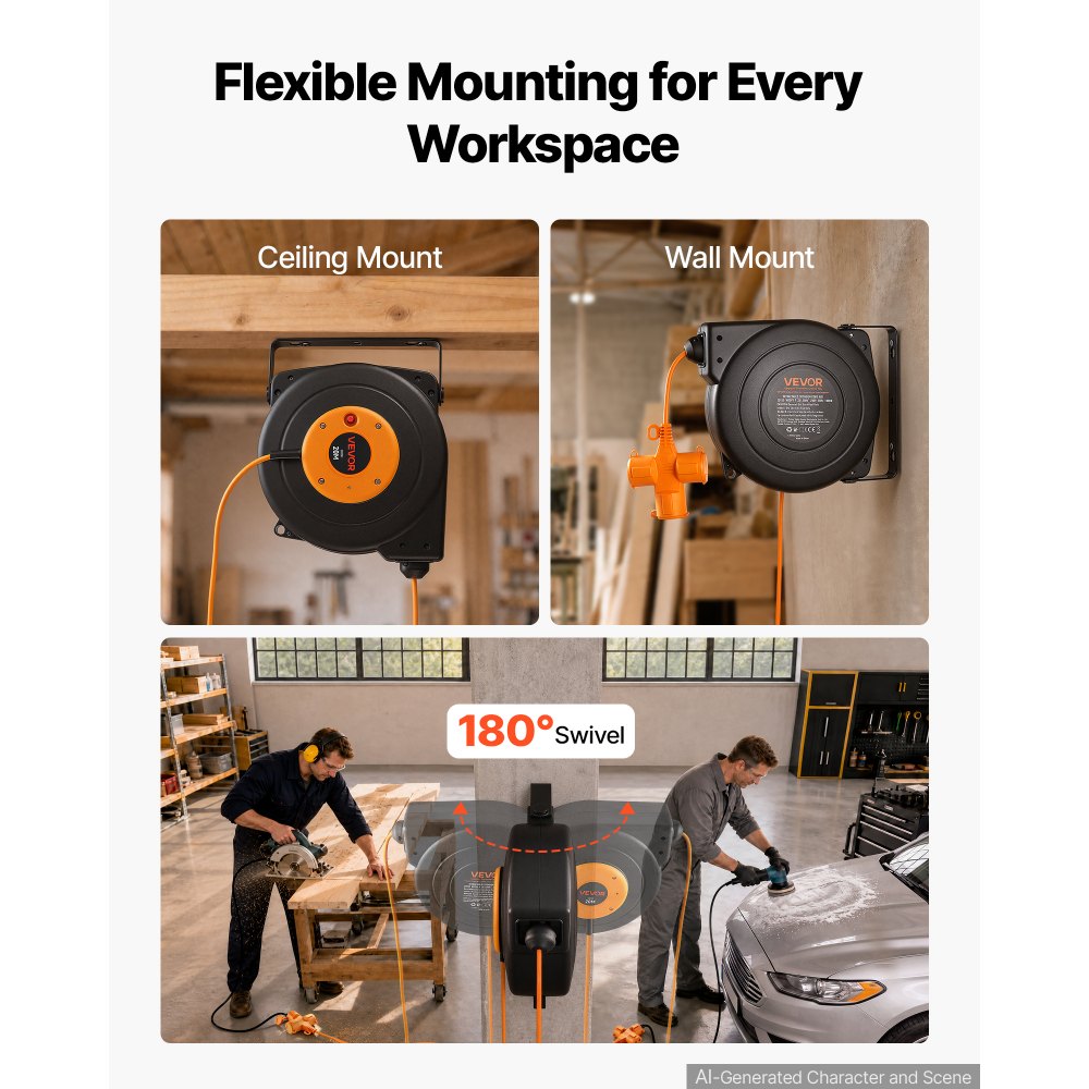 VEVOR Avvolgicavo Elettrico Cavo Retrattile 20m Bobina da Parete Girevole Autoavvolgente, Protezione contro Surriscaldamento, Staffa Orientabile 180°, Connettore a 3 Spine, Cavo Retrattile 1,5 mm²