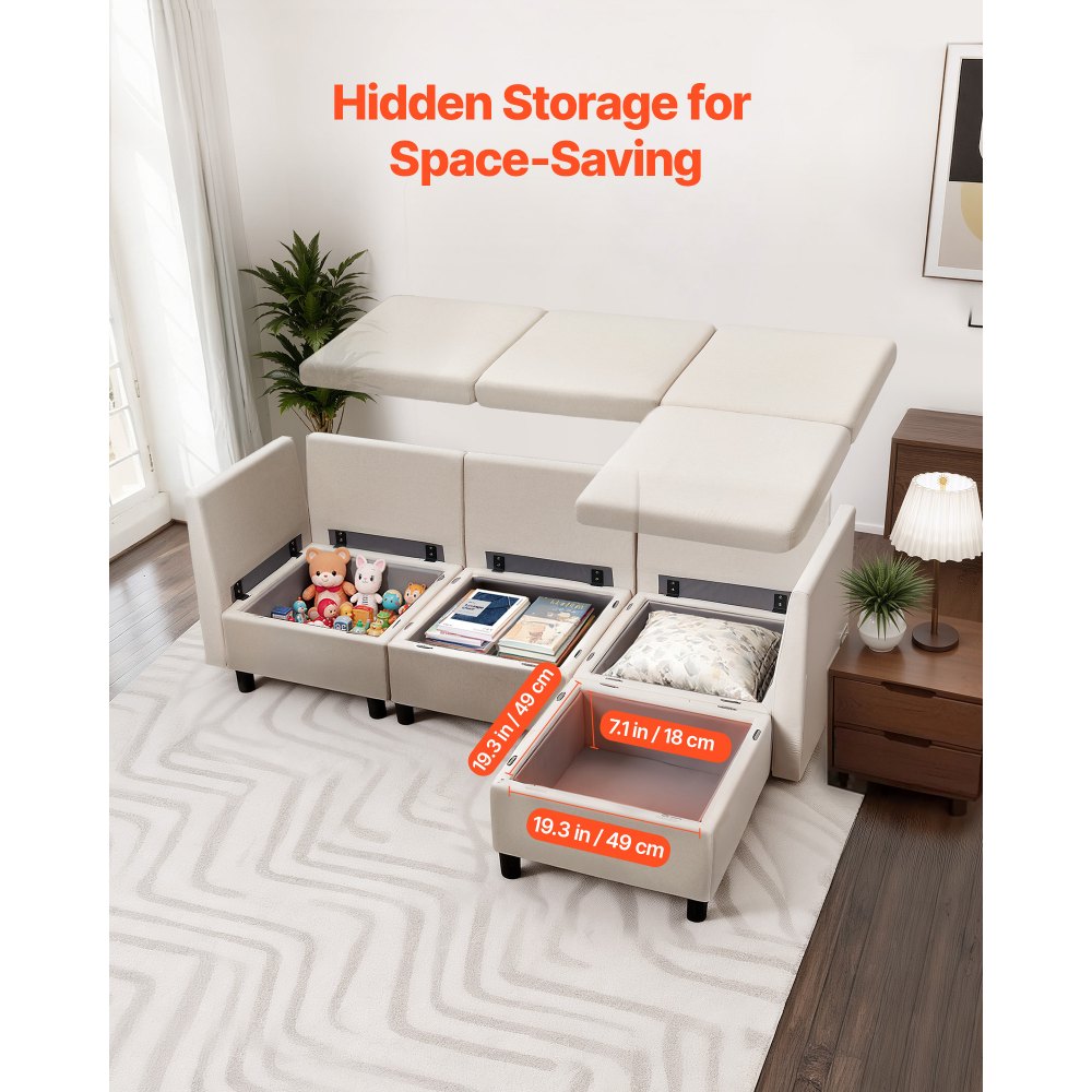 VEVOR Divano Letto Angolare con Contenitore Nascosto, con Pouf e Schiuma ad Alta Resilienza, Divano Imbottito 3 Posti con Struttura in Legno Massello per Soggiorno, Camera da Letto, Beige