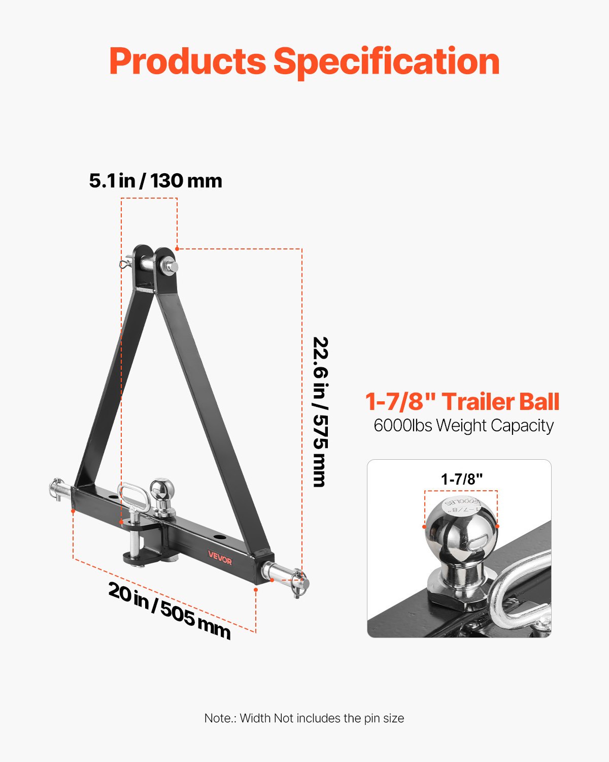 VEVOR 3-point hitch with 5.08 cm receiver, 3-point linkage, 2721 kg, tractor hitch adapter, compatible with Kubota, Mahindra, John Deere, Massey Ferguson, 505x575x130mm
