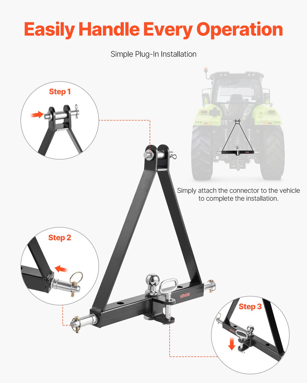 VEVOR 3-point hitch with 5.08 cm receiver, 3-point linkage, 2721 kg, tractor hitch adapter, compatible with Kubota, Mahindra, John Deere, Massey Ferguson, 505x575x130mm