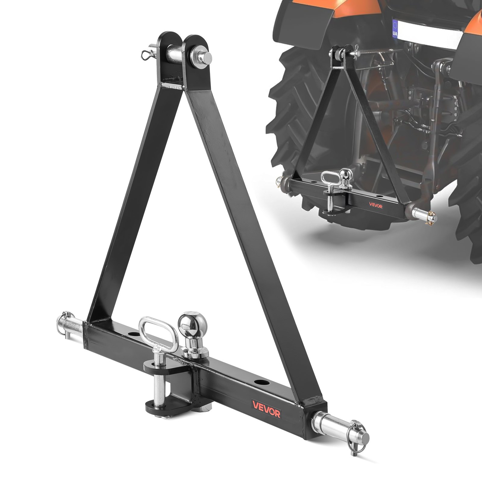 VEVOR 3-point hitch with 5.08 cm receiver, 3-point linkage, 2721 kg, tractor hitch adapter, compatible with Kubota, Mahindra, John Deere, Massey Ferguson, 505x575x130mm