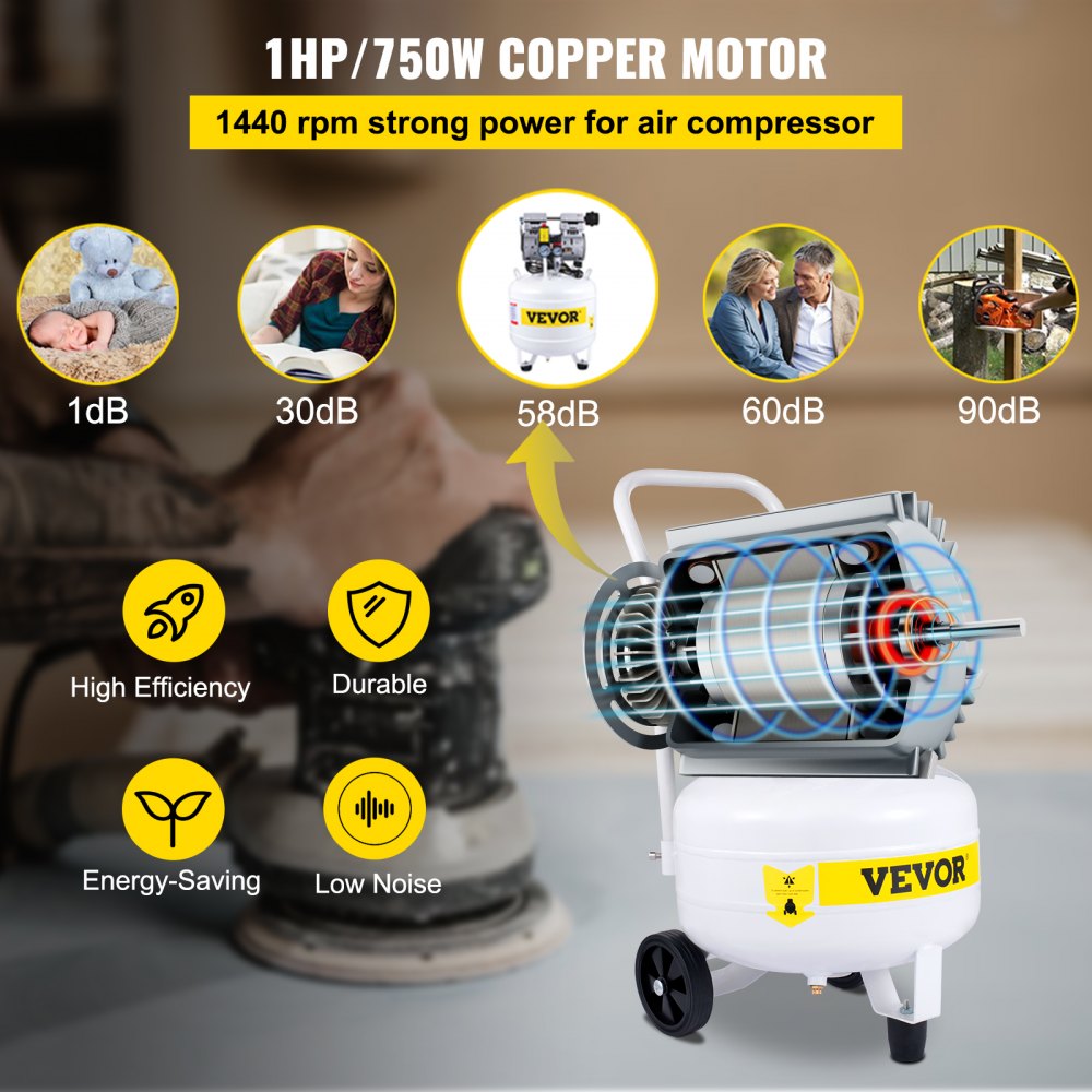 VEVOR Compressori d'Aria da 1HP / 750W Compressore Motore senza olio con serbatoio 25L Velocità di rotazione 1440 giri/min Compressore Silenzioso per il