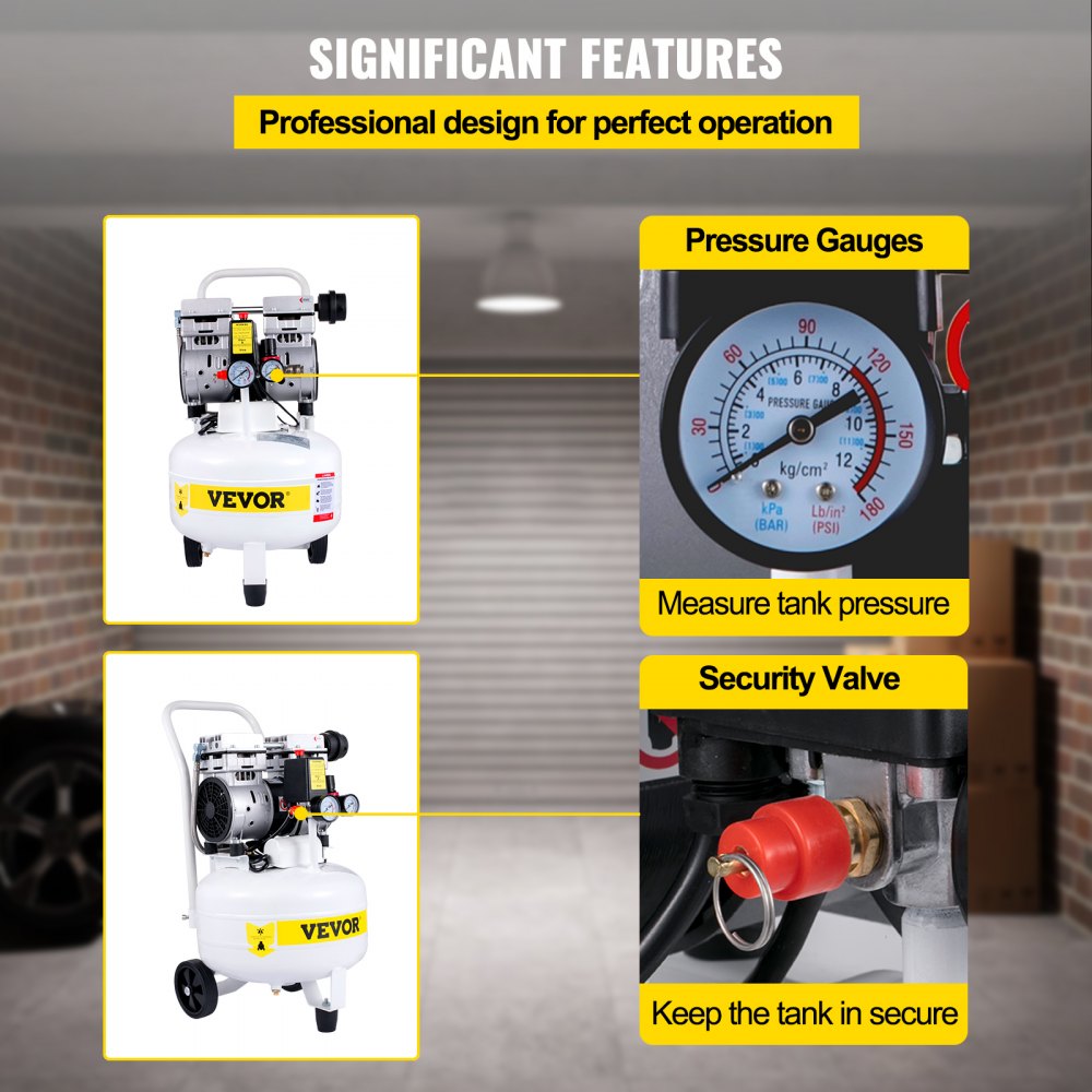 VEVOR Compressori d'Aria da 1HP / 750W Compressore Motore senza olio con serbatoio 25L Velocità di rotazione 1440 giri/min Compressore Silenzioso per il