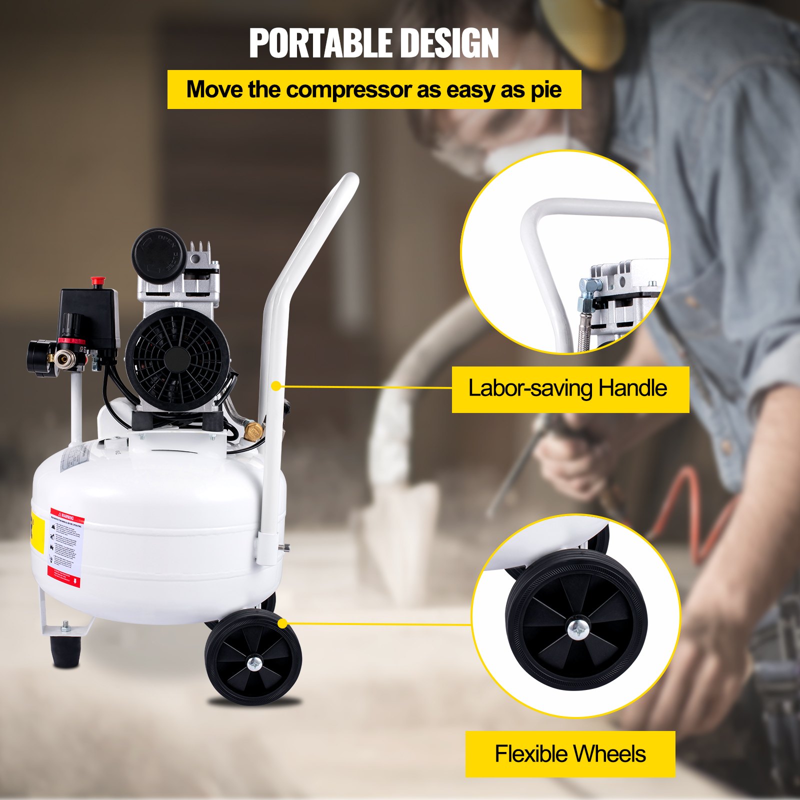 VEVOR Compressori d'Aria da 1HP / 750W Compressore Motore senza olio con serbatoio 25L Velocità di rotazione 1440 giri/min Compressore Silenzioso per il