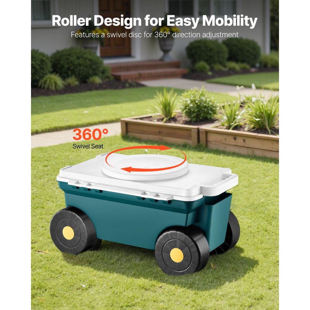 VEVOR Garden Scooter with Seat, 2 in 1 Rolling Garden Cart with Storage Bin, Supports up to 123kg, Outdoor Wagon with Handle, Lightweight Storage Gardening Stool for Yard Weeding Planting
