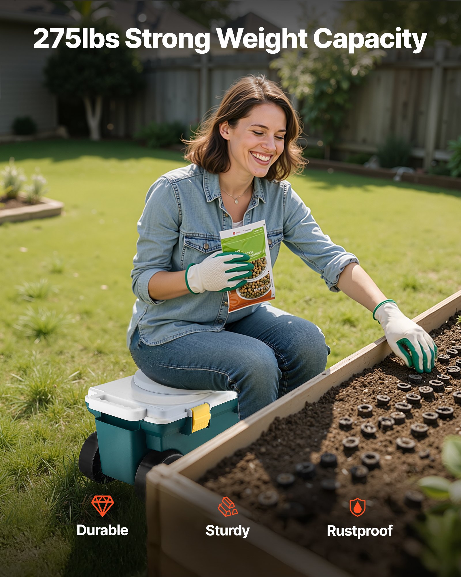 VEVOR Carrello da Giardino con Ruote in PP Contenitore Portaoggetti, Carico max. 123 kg, Sedile da Lavoro Carrello per Giardinaggio, Tosaerba, Piantagione, 520 x 310 x 280 mm