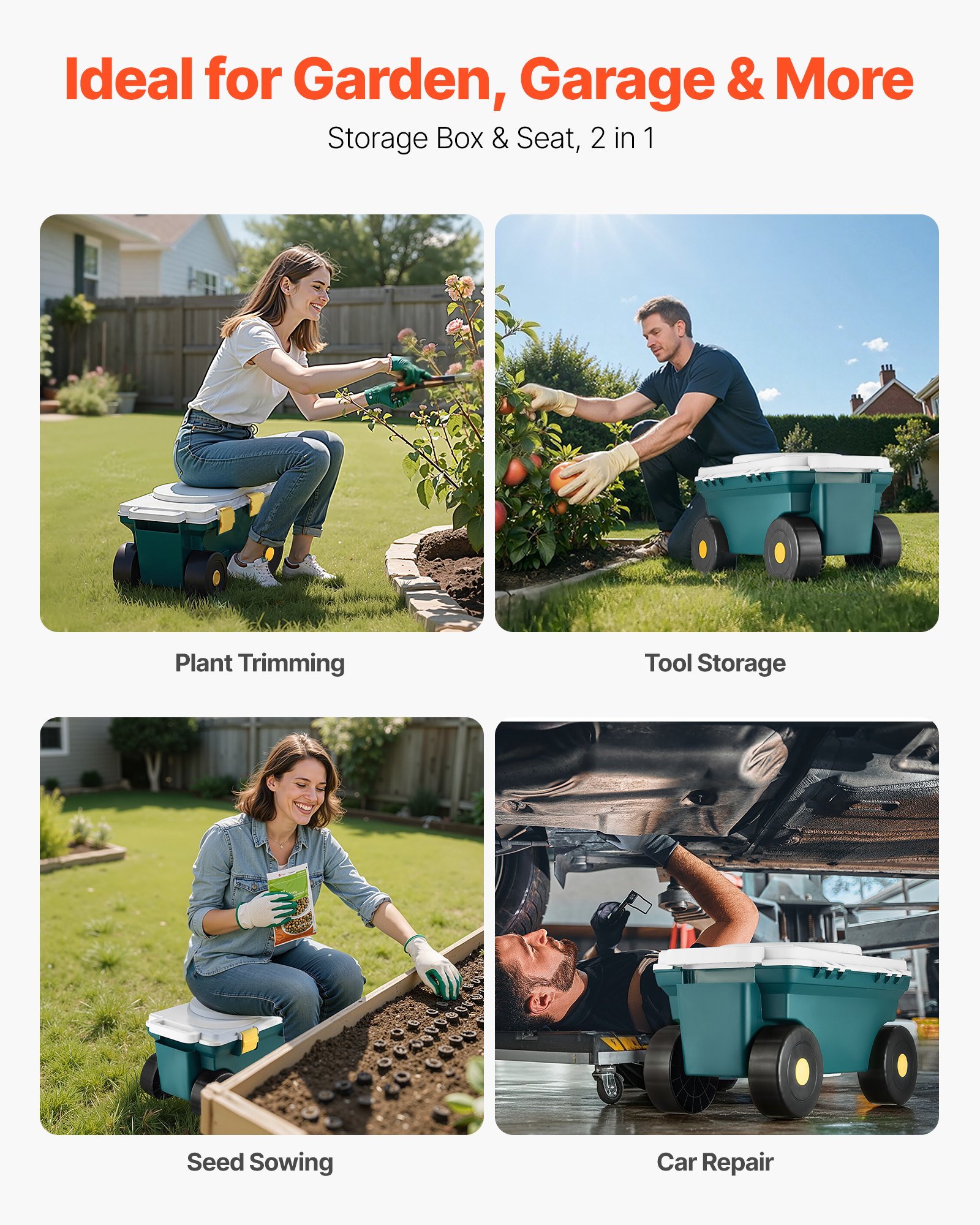 VEVOR Carrello da Giardino con Ruote in PP Contenitore Portaoggetti, Carico max. 123 kg, Sedile da Lavoro Carrello per Giardinaggio, Tosaerba, Piantagione, 520 x 310 x 280 mm