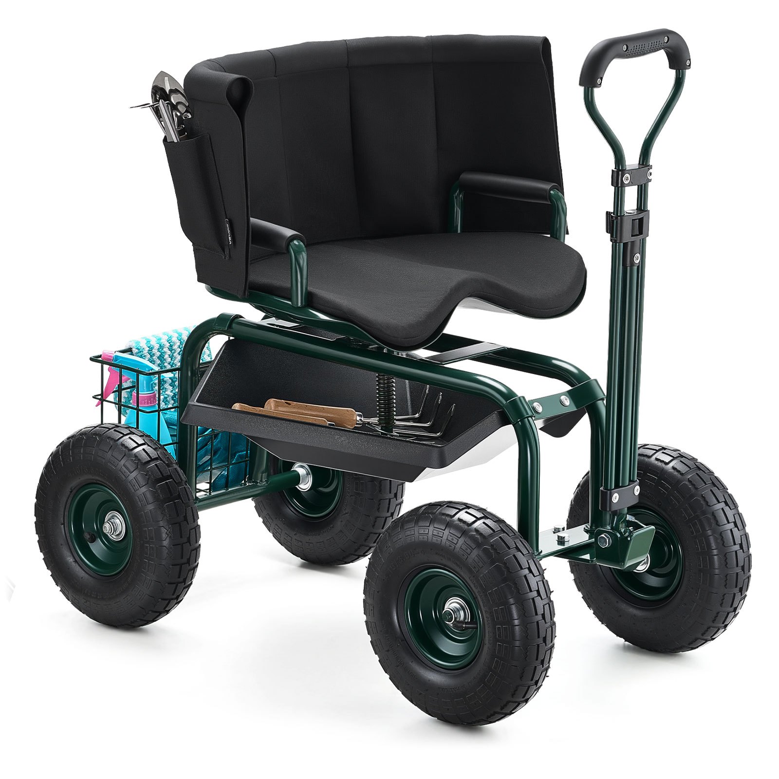 VEVOR Carrello da Giardino con Ruote Portautensili Portaoggetti, Carico max. 181 kg, Sedile da Lavoro Girevole 360° Carrello per Giardinaggio Maniglia Estensibile, Tosaerba