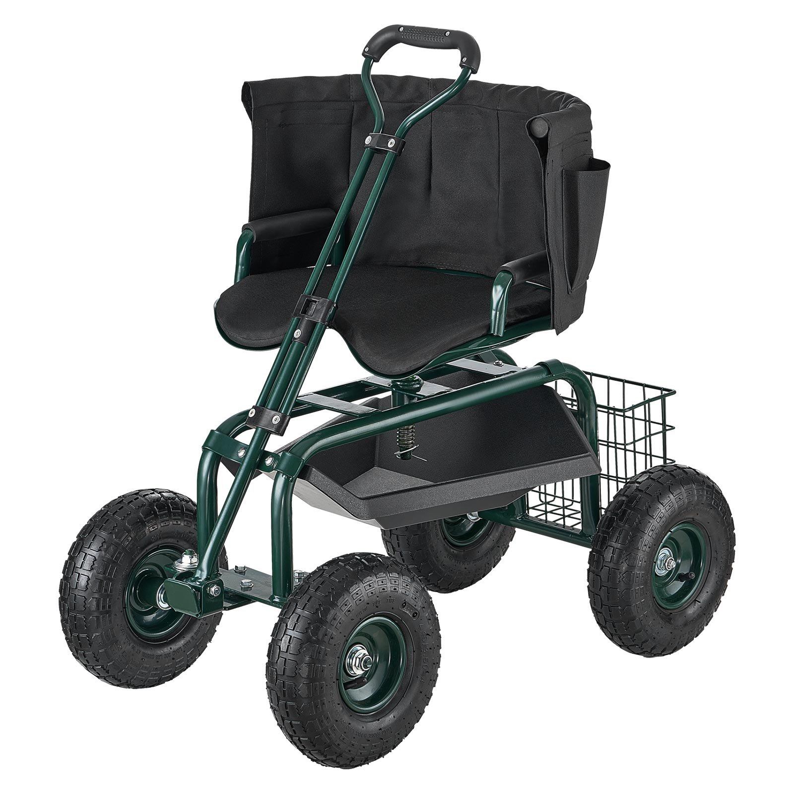 VEVOR Carrello da Giardino con Ruote Portautensili Portaoggetti, Carico max. 181 kg, Sedile da Lavoro Girevole 360° Carrello per Giardinaggio Maniglia Estensibile, Tosaerba