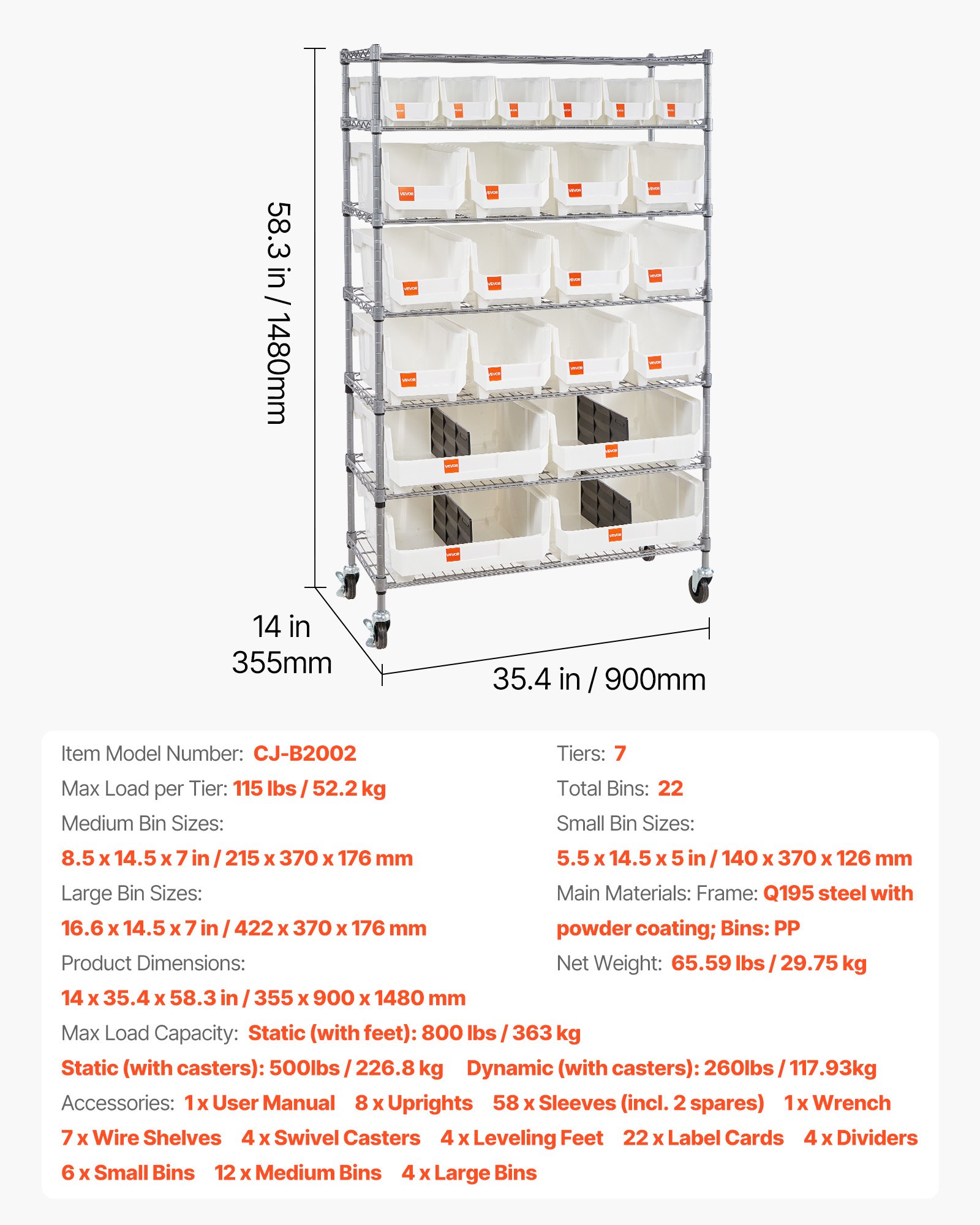 VEVOR Scaffalatura a 7 Ripiani per Stoccaggio, 22 Contenitori Portaoggetti, Sistema di Scaffalature in Filo d'Acciaio con Ruote, per Garage, Magazzino, Ufficio, Ristorante, Aula, Cucina