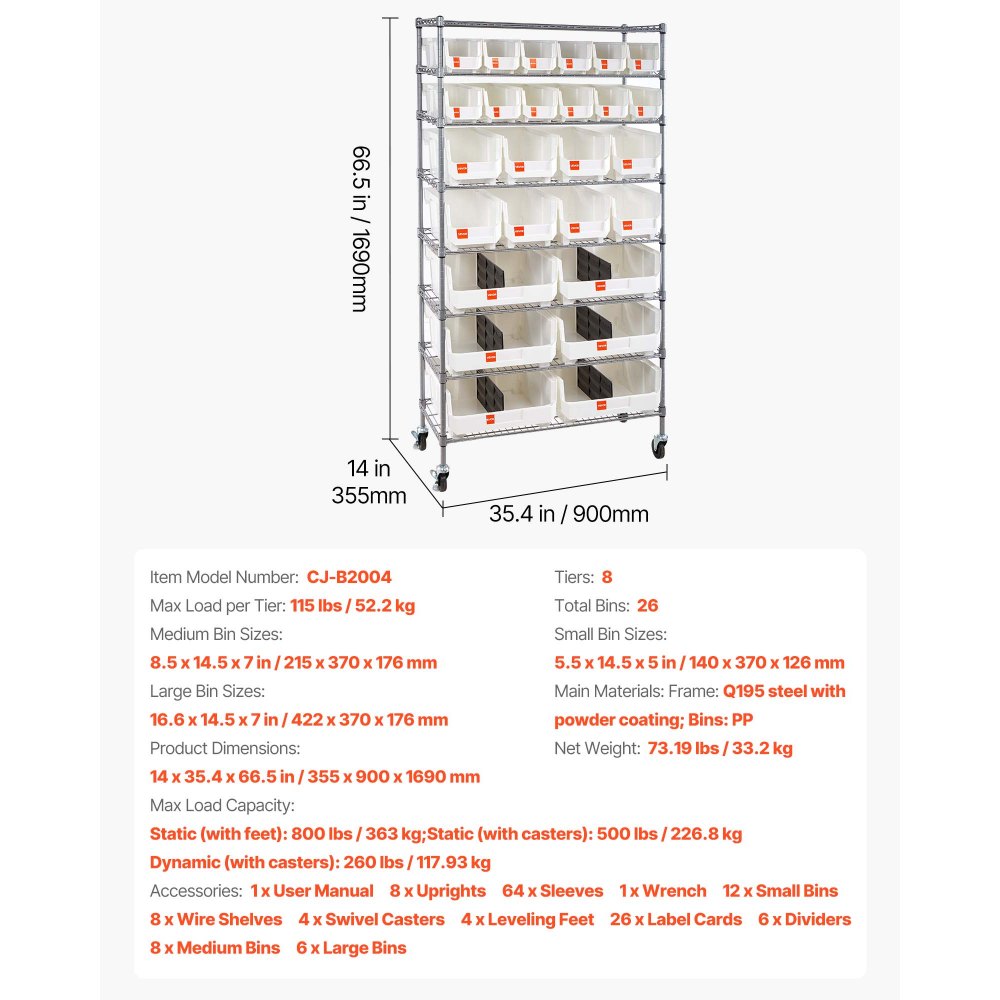 VEVOR Scaffale Portaoggetti Mobile a 8 Ripiani, 26 Contenitori Portaoggetti, Sistema di Scaffalature in Filo d'Acciaio con Ruote, per Garage, Magazzino, Ufficio, Ristorante, Aula, Cucina