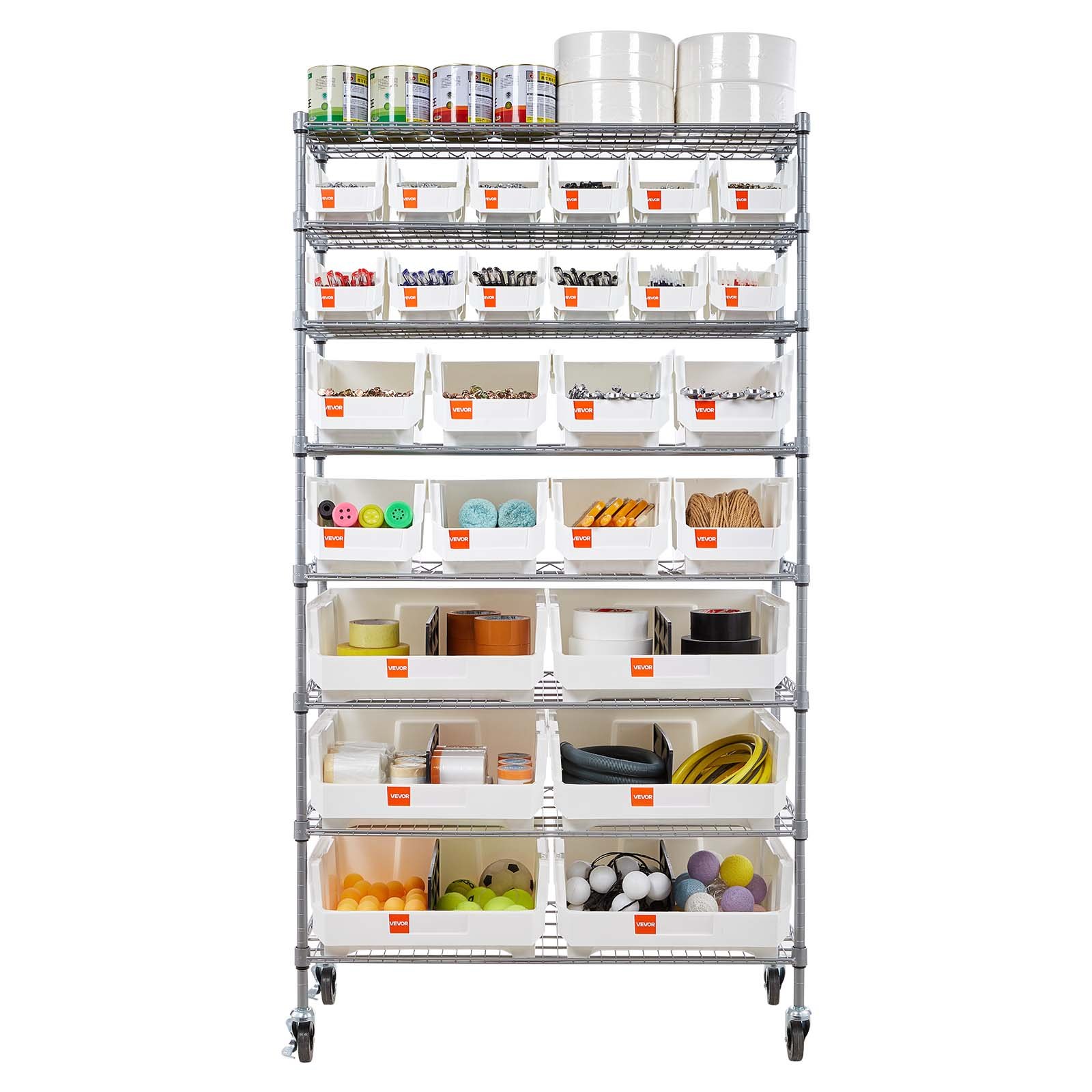 VEVOR Scaffale Portaoggetti Mobile a 8 Ripiani, 26 Contenitori Portaoggetti, Sistema di Scaffalature in Filo d'Acciaio con Ruote, per Garage, Magazzino, Ufficio, Ristorante, Aula, Cucina