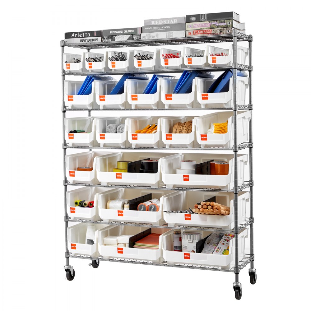 VEVOR Scaffale Portaoggetti Mobile a 7 Ripiani, 26 Contenitori Portaoggetti, Sistema di Scaffalature in Filo d'Acciaio con Ruote, per Garage, Magazzino, Ufficio, Ristorante, Aula, Cucina