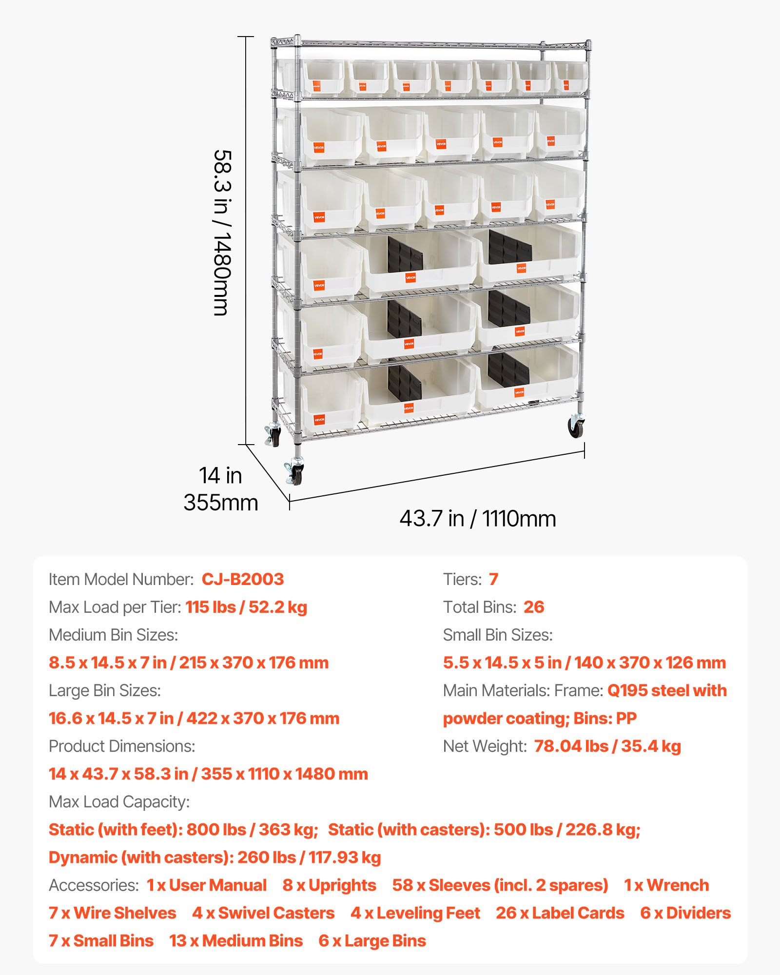 VEVOR Scaffale Portaoggetti Mobile a 7 Ripiani, 26 Contenitori Portaoggetti, Sistema di Scaffalature in Filo d'Acciaio con Ruote, per Garage, Magazzino, Ufficio, Ristorante, Aula, Cucina