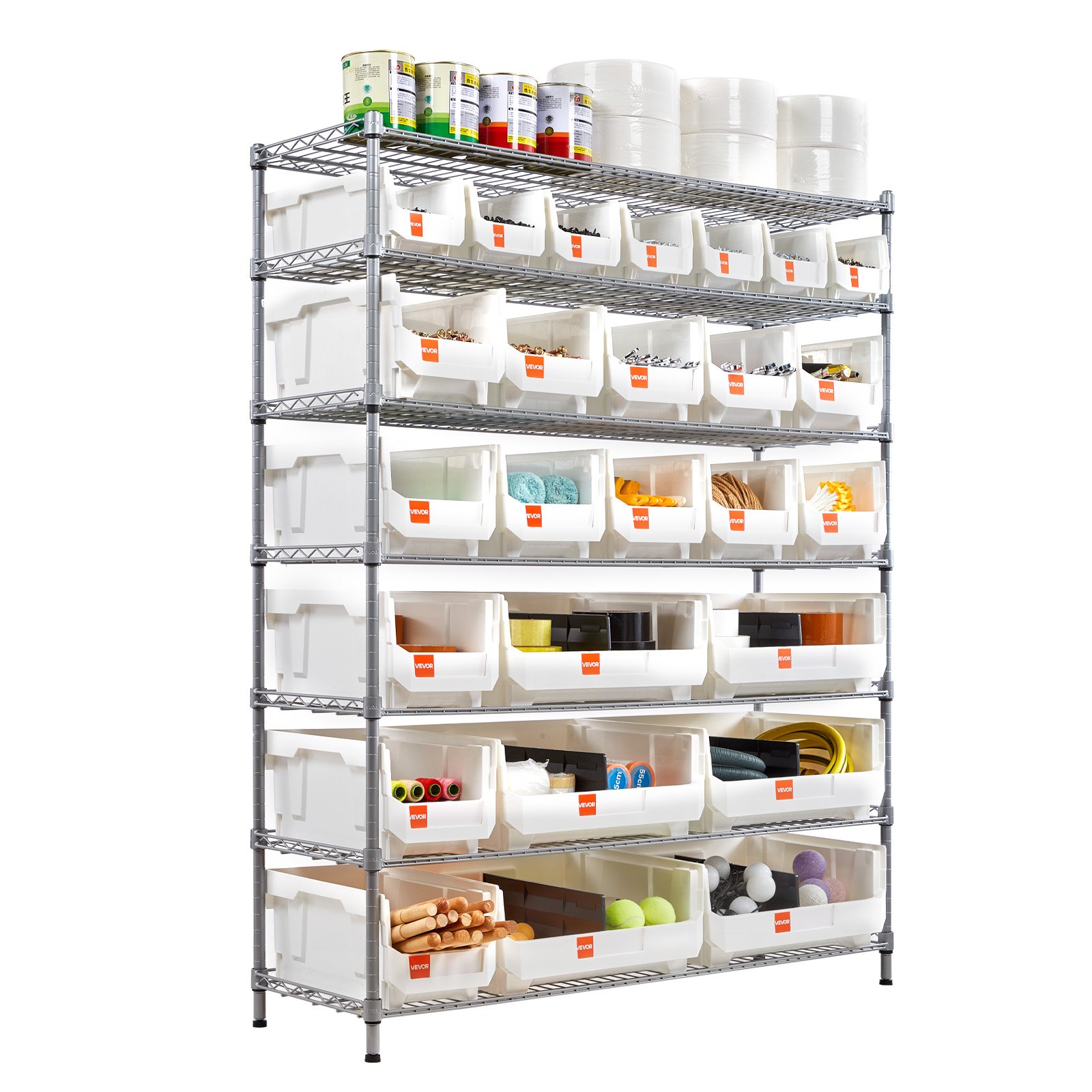 VEVOR Scaffale Portaoggetti Mobile a 7 Ripiani, 26 Contenitori Portaoggetti, Sistema di Scaffalature in Filo d'Acciaio con Ruote, per Garage, Magazzino, Ufficio, Ristorante, Aula, Cucina