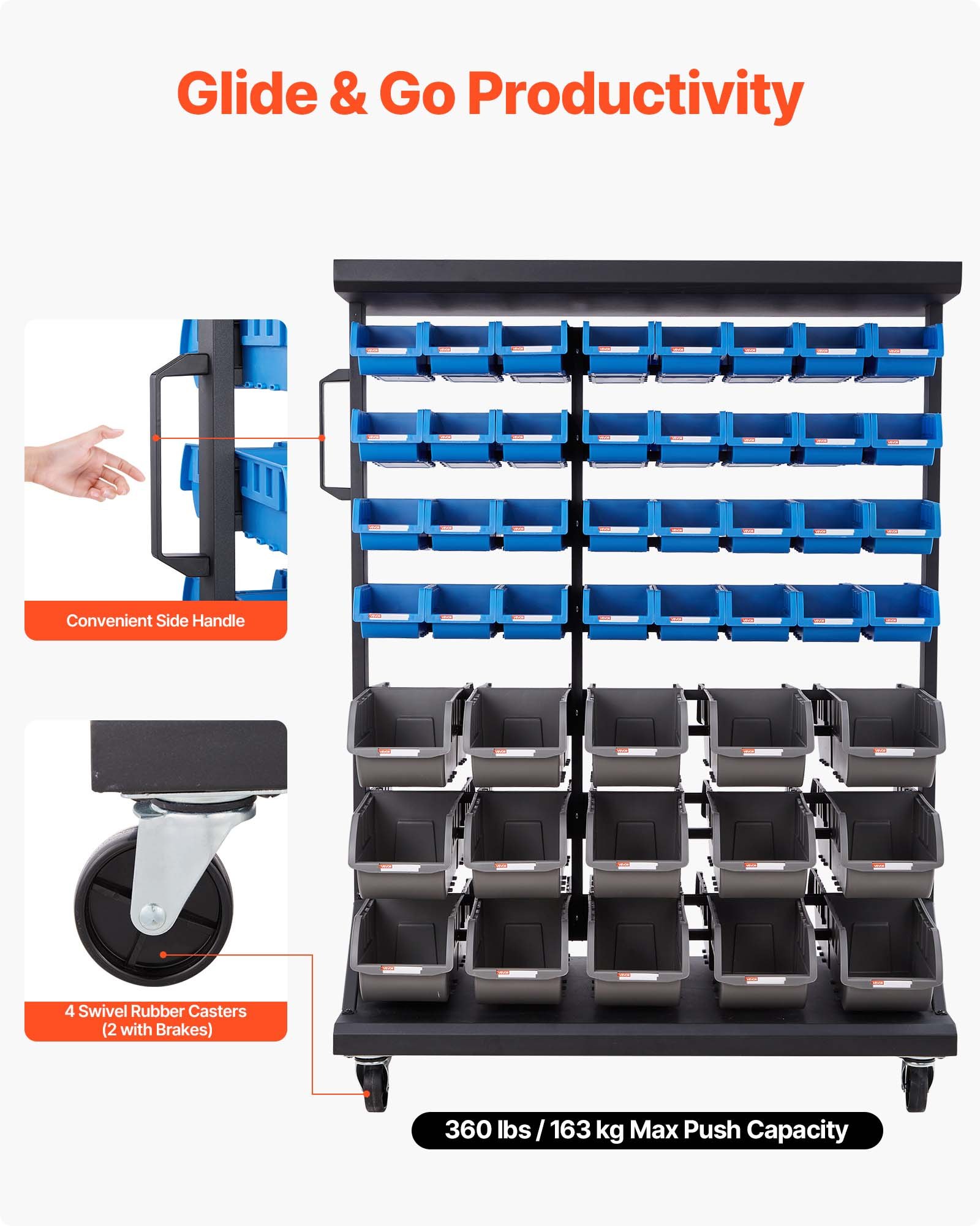 VEVOR Scaffale Portaoggetti con Ruote a 7 Ripiani e Doppio Lato, 94 Contenitori per Parti a Doppio Lato, Contenitori in Plastica per Utensili Mobili per Garage, Magazzino, Ufficio, Ristorante, Aula