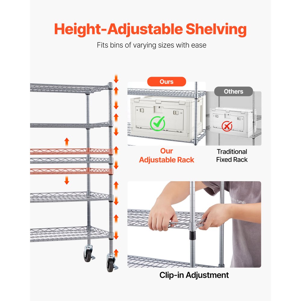 VEVOR Scaffale per Carichi Pesanti Portaoggetti con ruote a 5 Ripiani, 16 Contenitori Portaoggetti, Sistema di Scaffalature in Filo d'Acciaio, per Garage, Magazzino, Ufficio, Ristorante, Aula, Cucina